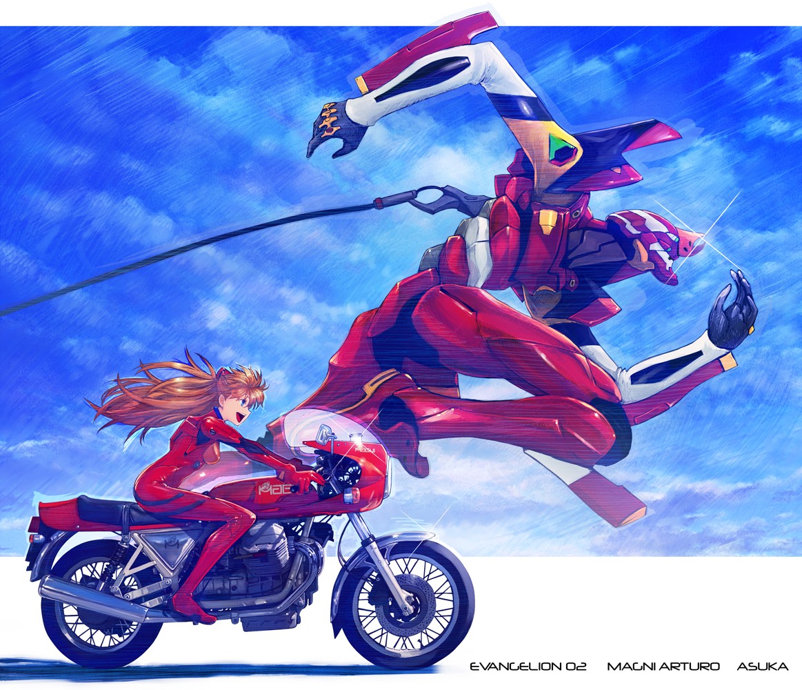 Anime 1163x1000 Neon Genesis Evangelion Asuka Langley Soryu EVA Unit 02 motorcycle anime women with motorcycles anime girls vehicle long hair Red Motorcycles