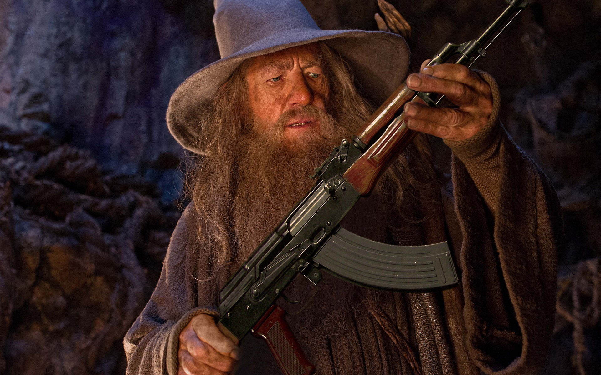 People 1920x1200 Gandalf The Lord of the Rings gun AKM humor weapon hat wizard