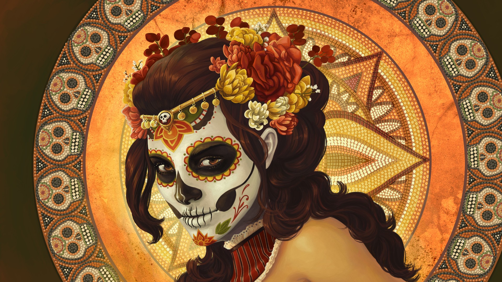 General 1920x1080 Dia de los Muertos artwork traditional art drawing women looking at viewer redhead skull