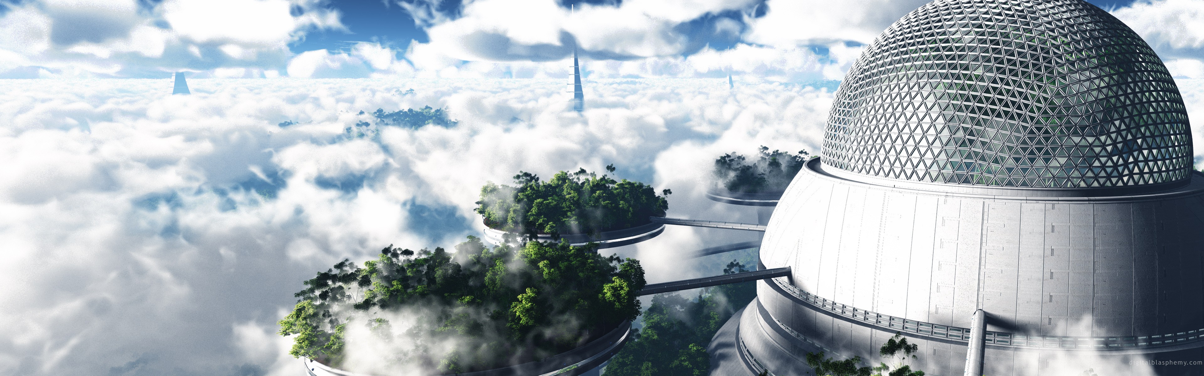 General 3840x1200 digital art CGI futuristic sky science fiction clouds building
