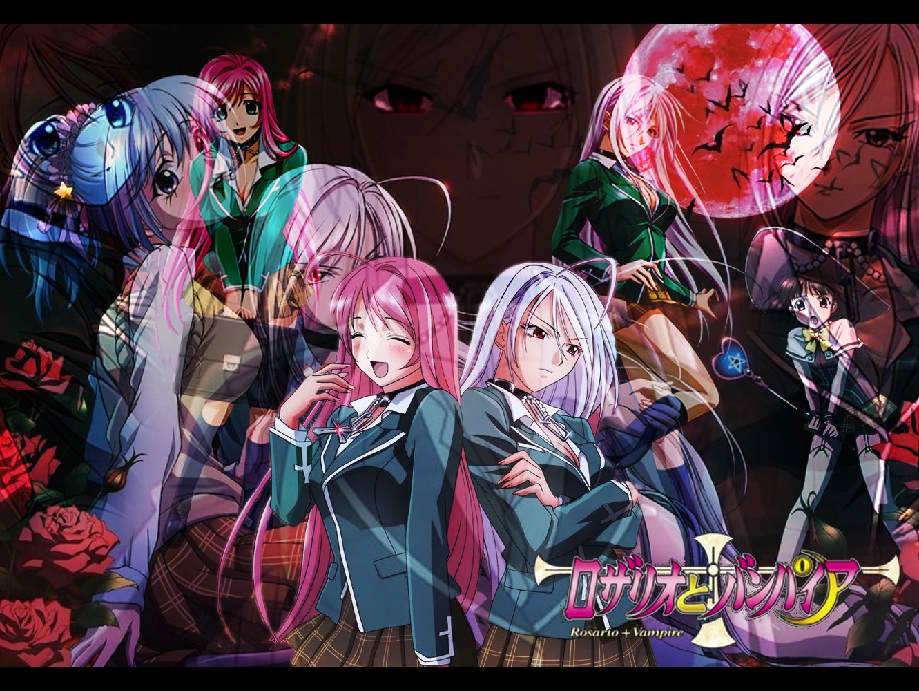 Anime 1331x1000 Akashiya Moka Rosario + Vampire Moon anime girls bats anime group of women pink hair open mouth long hair blue hair redhead