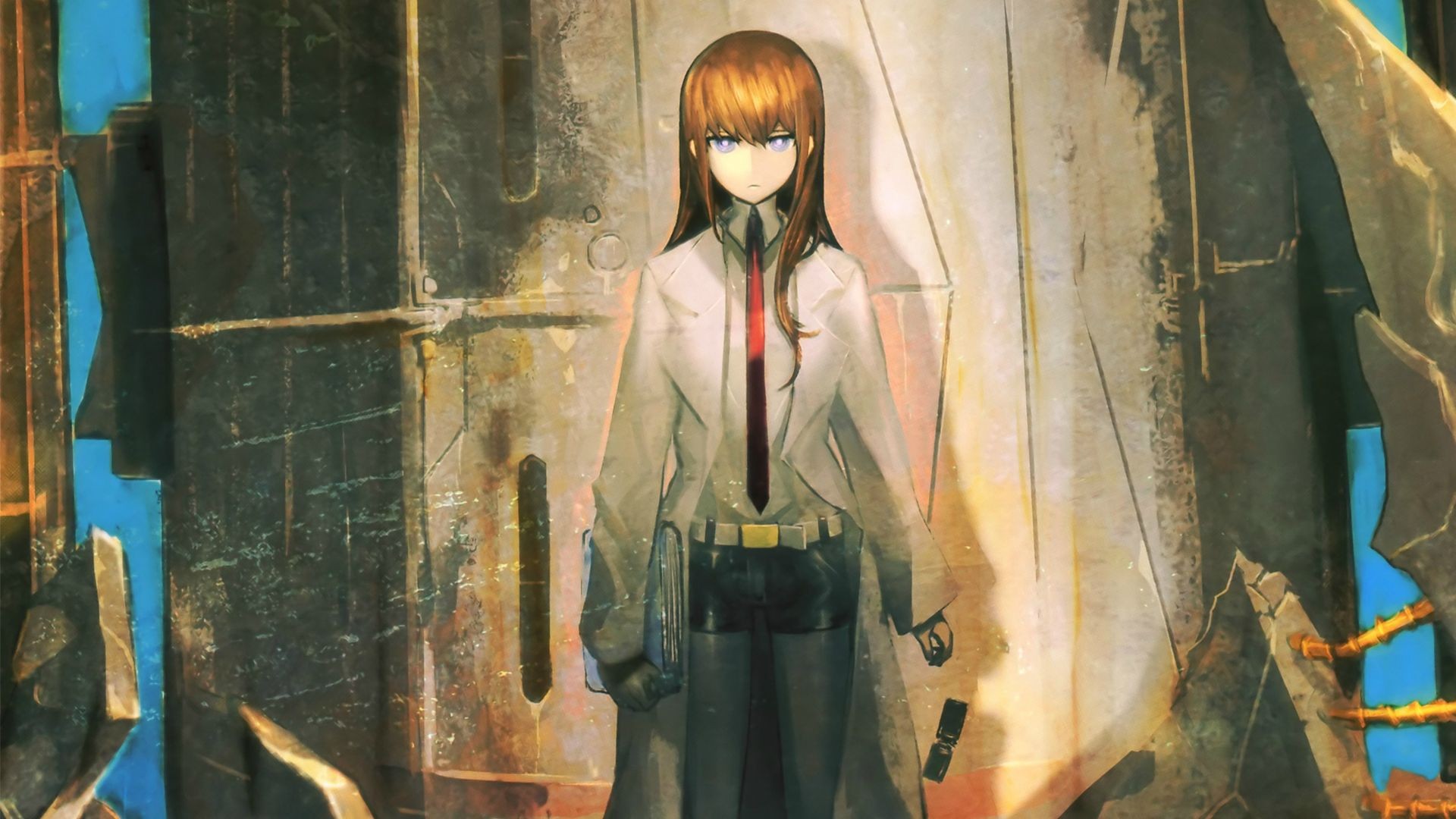 Anime 1920x1080 anime anime girls Steins;Gate Makise Kurisu tie looking at viewer lab coats standing closed mouth brunette blue eyes book in hand hair between eyes belt film grain long sleeves scientists shorts