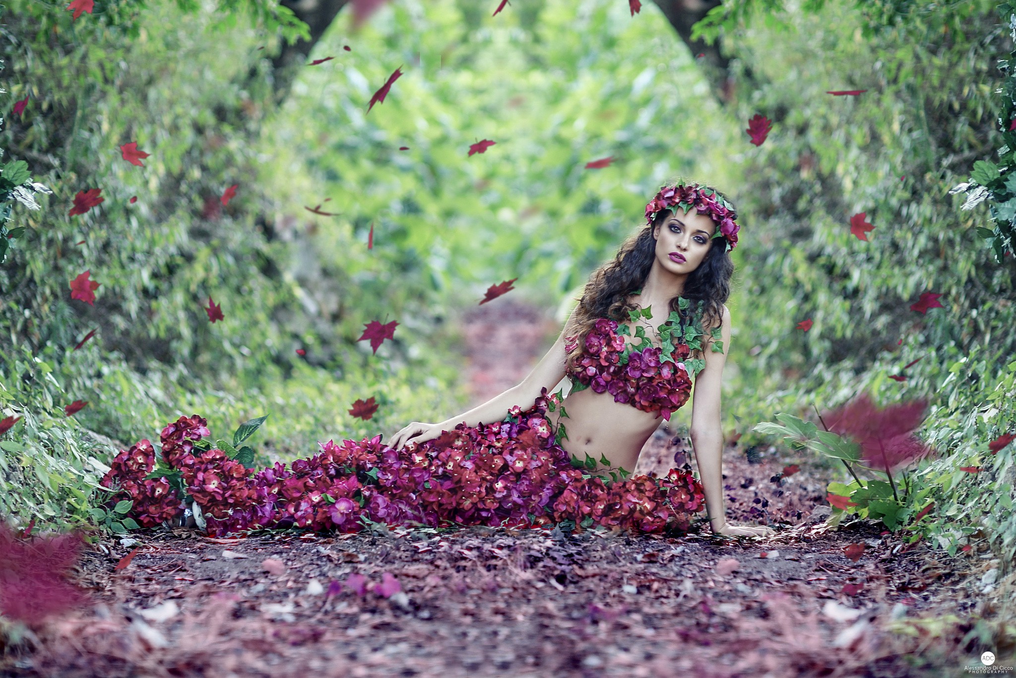 People 2048x1366 women women outdoors curly hair long hair flowers plants leaves forest path dress belly model Alessandro Di Cicco fantasy girl black hair makeup red flowers looking at viewer