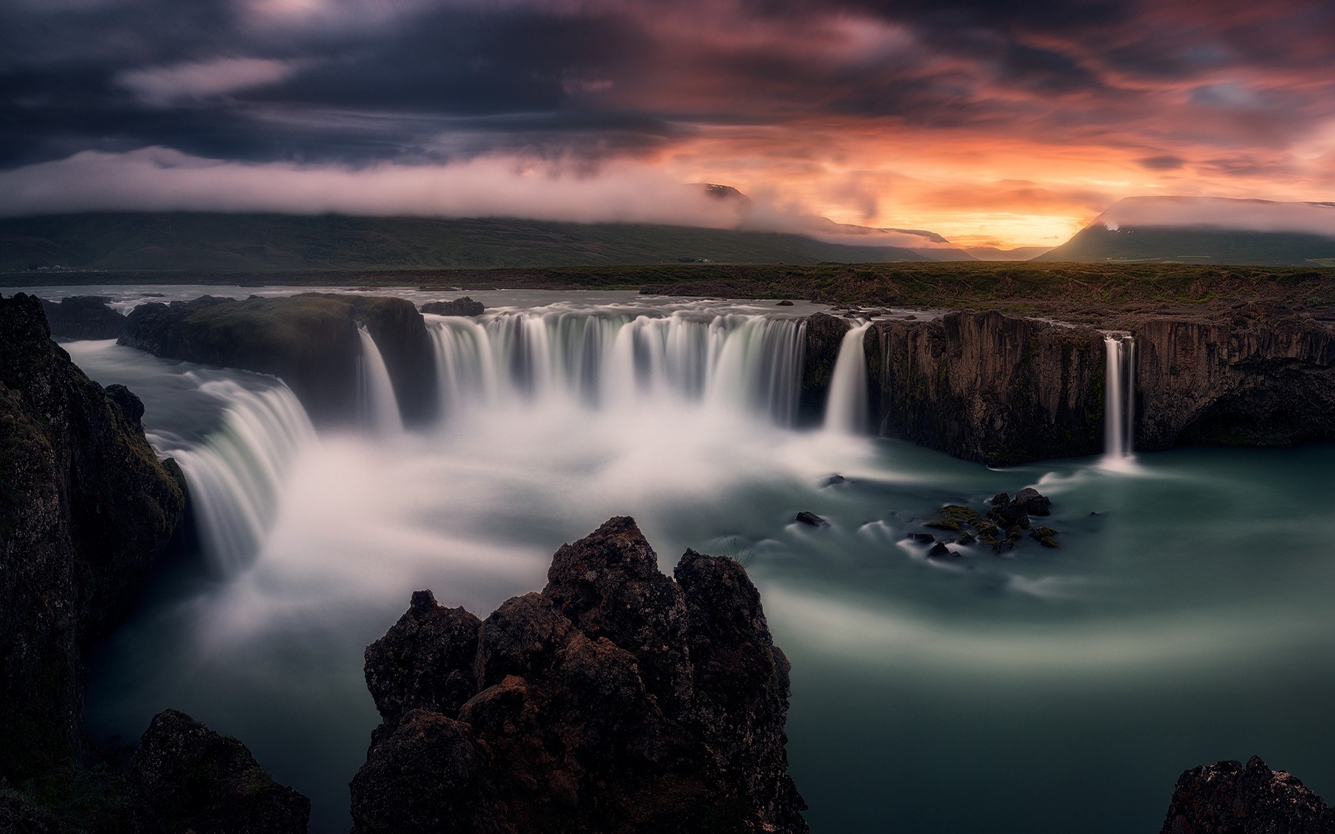 General 1920x1200 landscape nature clouds waterfall mist hills rocks long exposure cliff Iceland Gods Waterfall