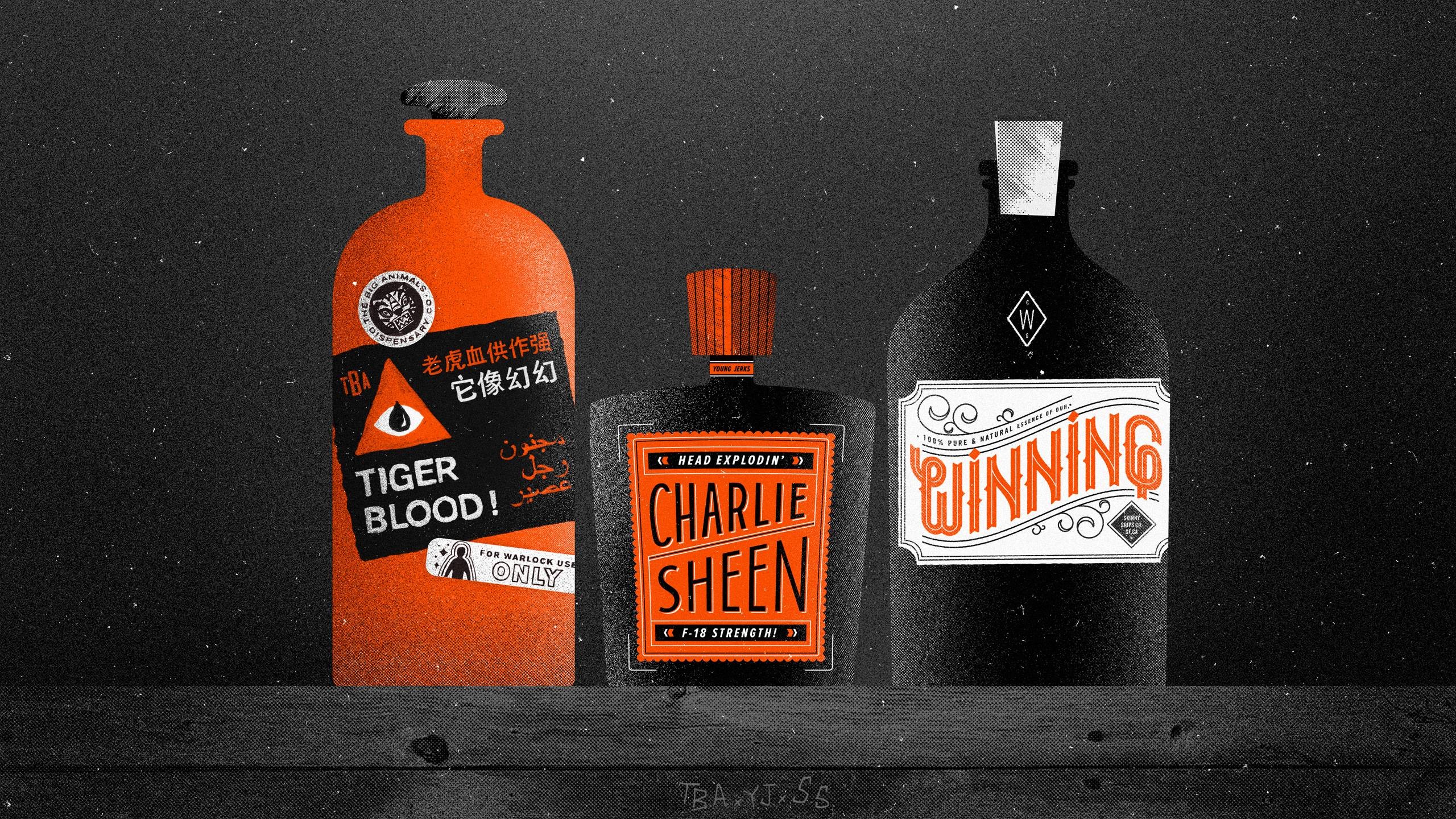 General 2560x1440 bottles sign drawing humor artwork blood orange Charlie Sheen