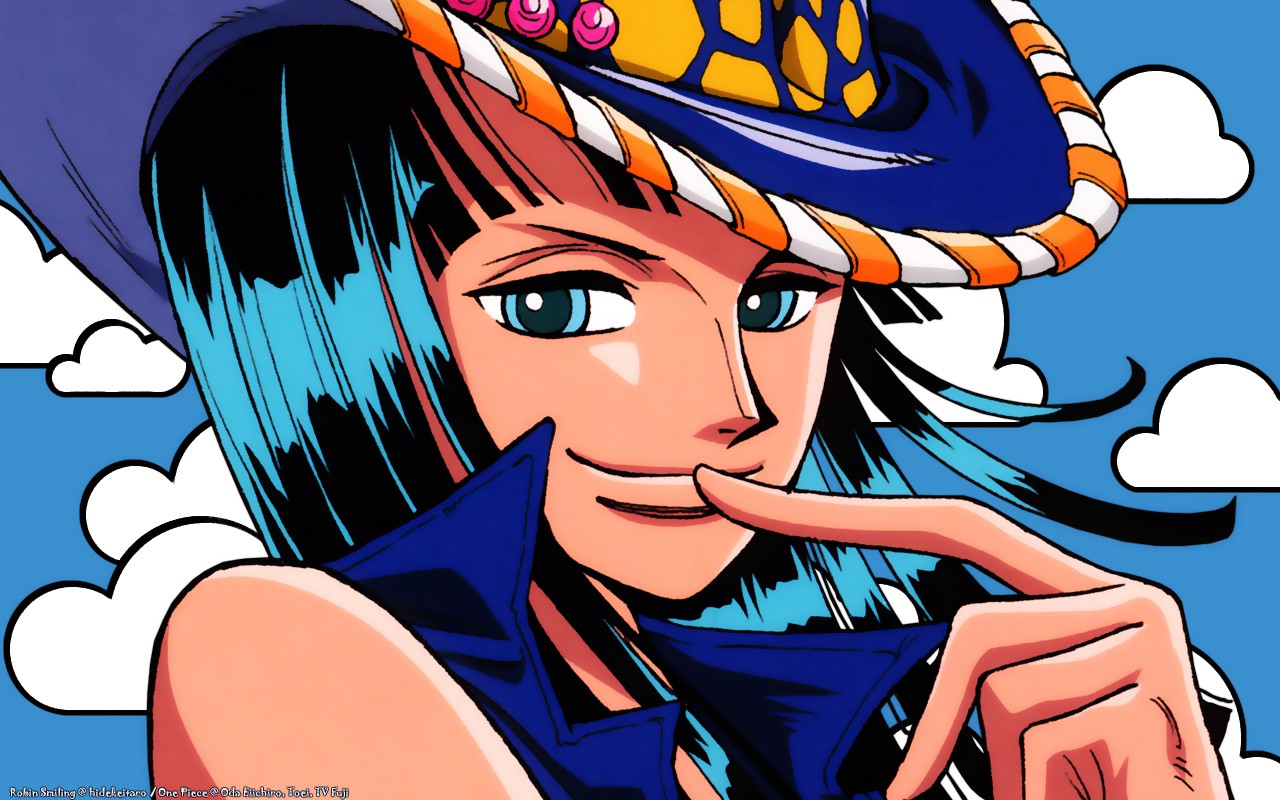 Anime 1280x800 One Piece anime Nico Robin cyan hair women face closeup hat women with hats