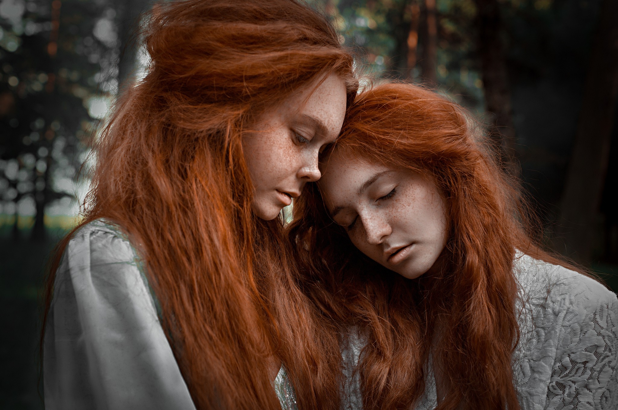 People 2048x1359 women face portrait redhead closed eyes freckles two women outdoors model women outdoors looking away long hair