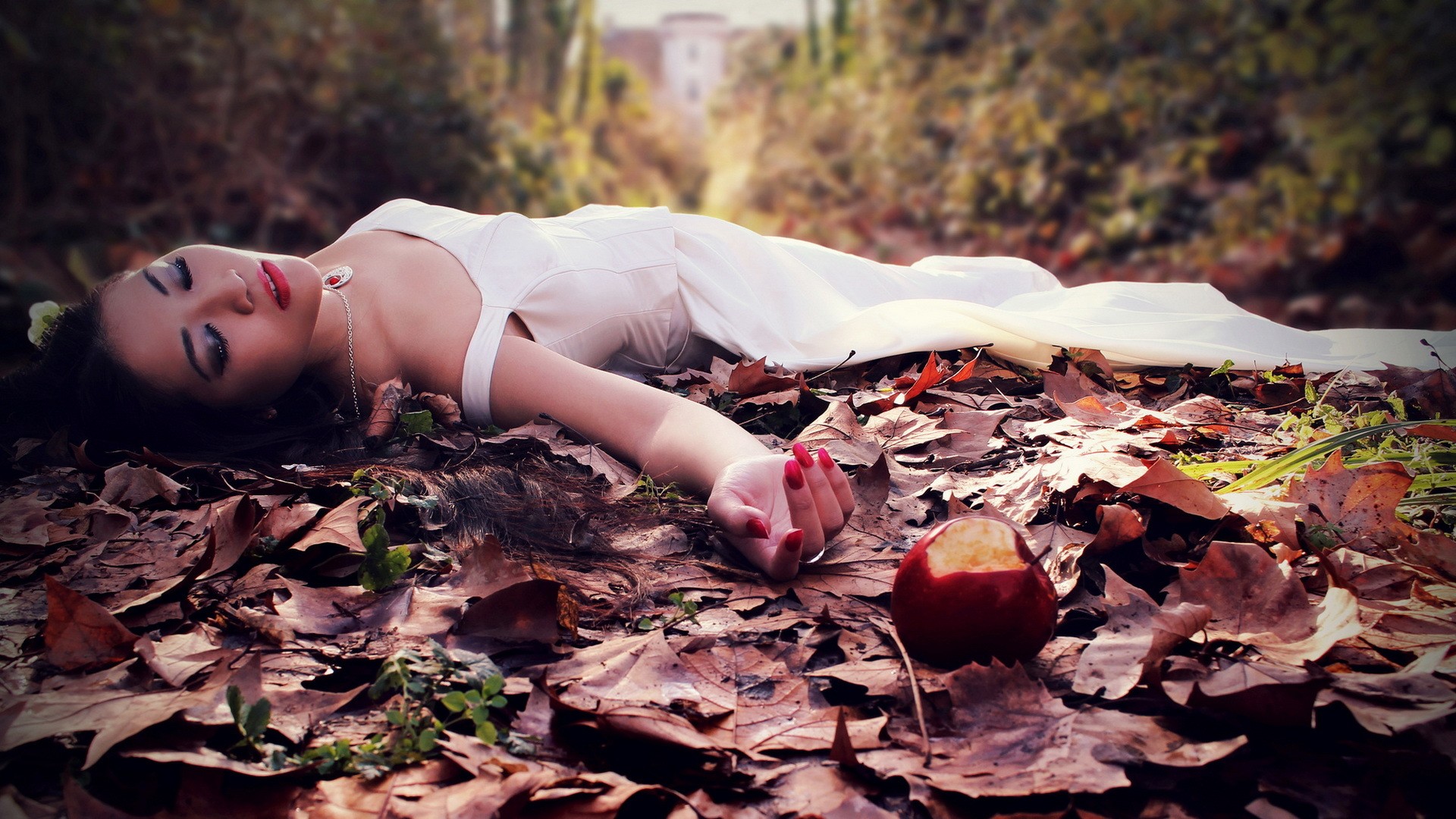 People 1920x1080 women outdoors women model brunette white dress Asian makeup fallen leaves red nails painted nails food necklace fantasy girl apples lying on back