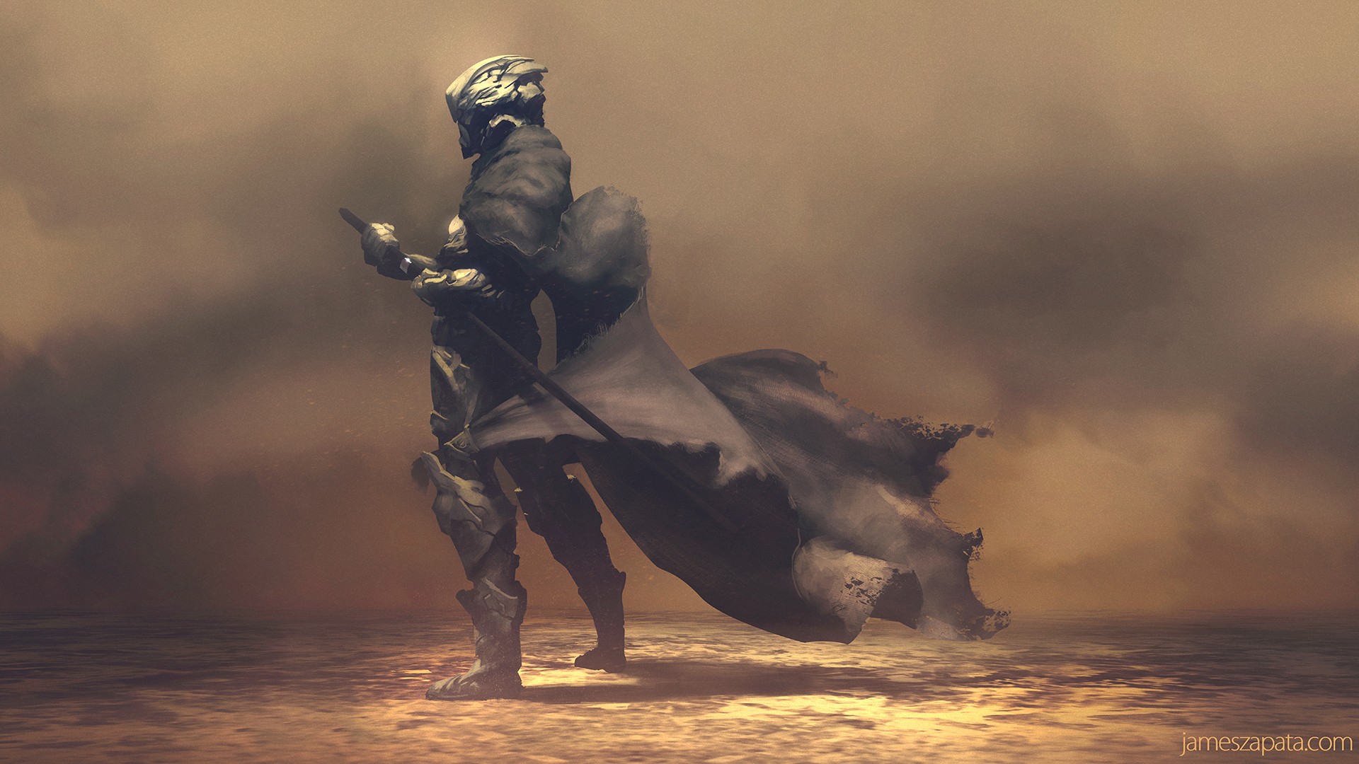 General 1920x1080 warrior armor artwork digital art futuristic samurai sword dark brown dust fantasy art