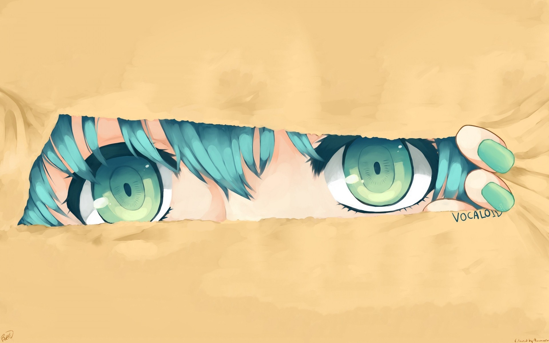 Anime 1920x1200 anime girls anime green eyes eyes painted nails face closeup cyan hair cyan nails women looking at viewer simple background beige background
