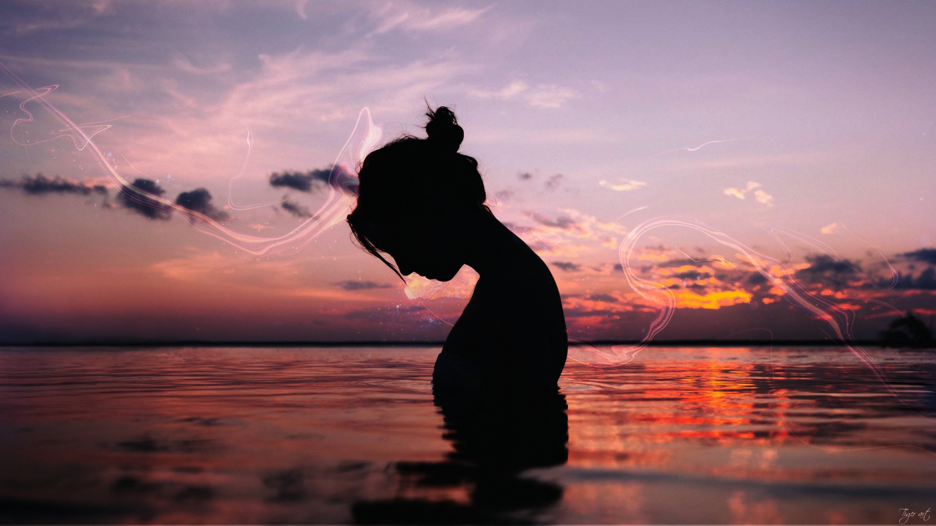 People 1920x1080 women Pacific Ocean sunset silhouette Marissa Alves in water water sky nature women outdoors watermarked photoshopped low light