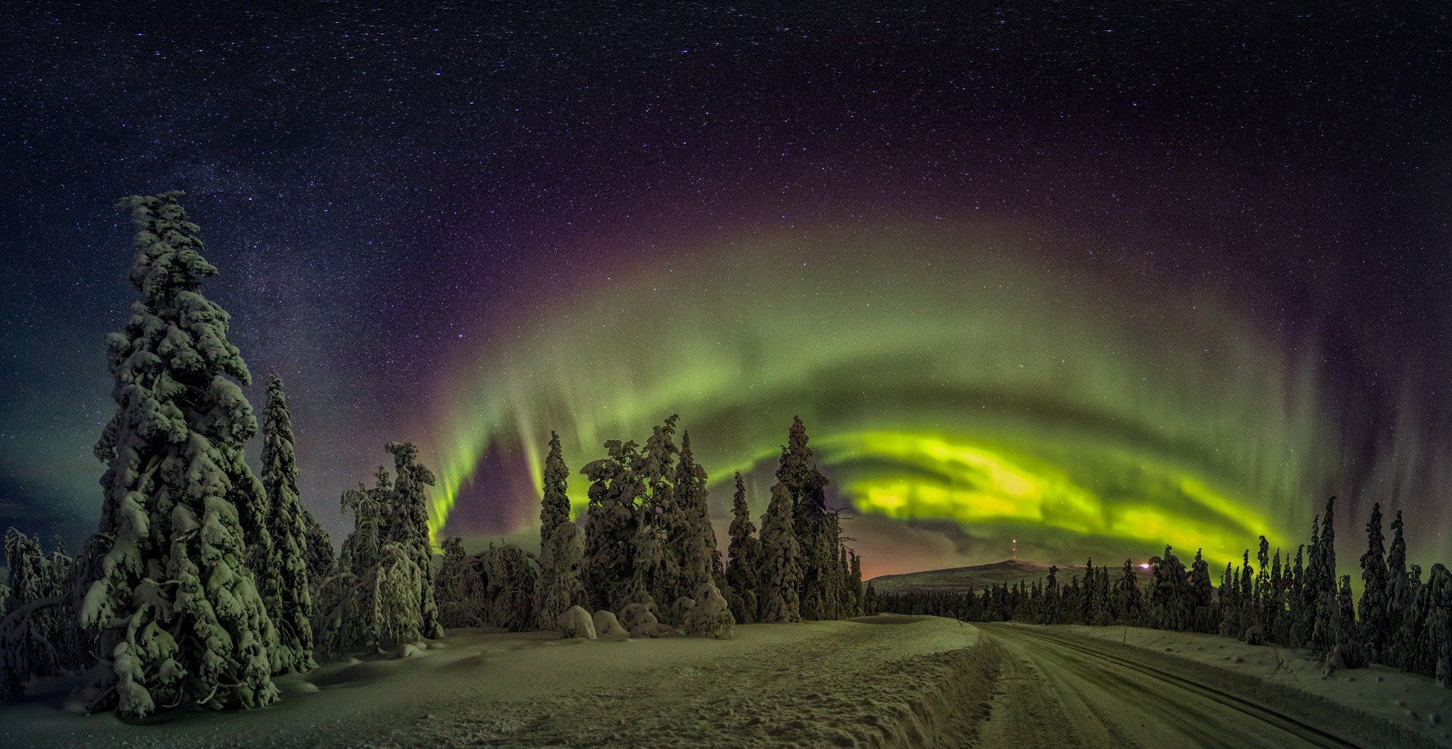 General 2048x1057 nature landscape Finland aurorae winter forest snow road lights cold trees nordic landscapes low light starry night