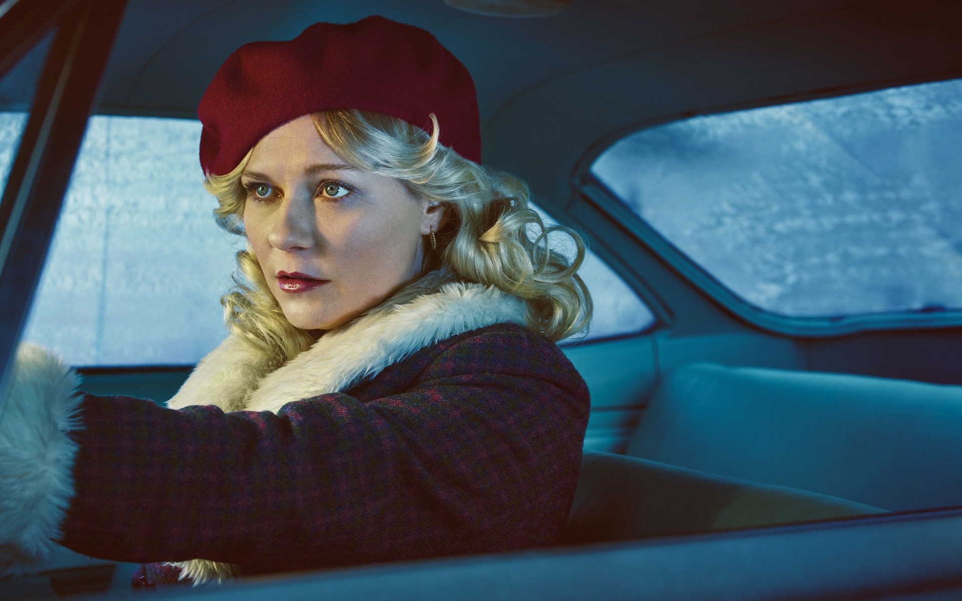 People 1920x1200 Kirsten Dunst women blonde actress red lipstick car women with cars hat Fargo (TV series) blue eyes makeup car interior women with hats TV series