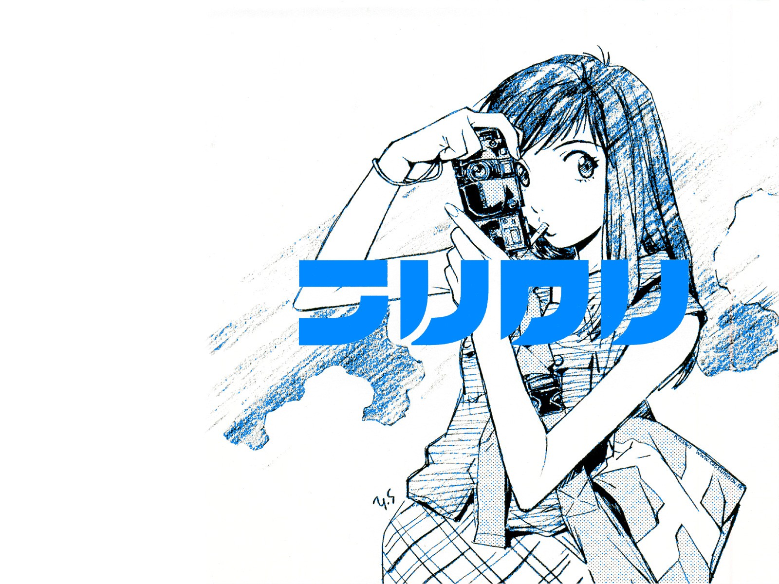 Anime 1600x1200 FLCL anime girls camera anime blue hair white background simple background
