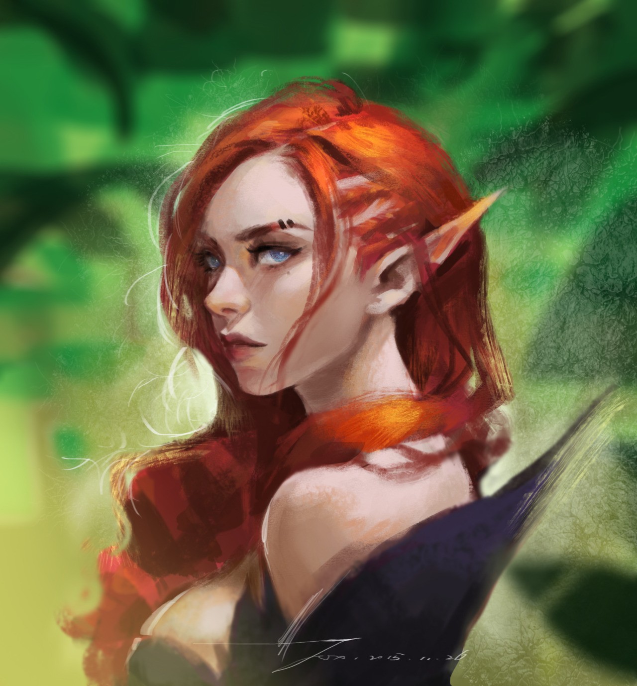 General 1280x1378 elves fantasy girl redhead fantasy art women blue eyes long hair pointy ears watermarked green background artwork