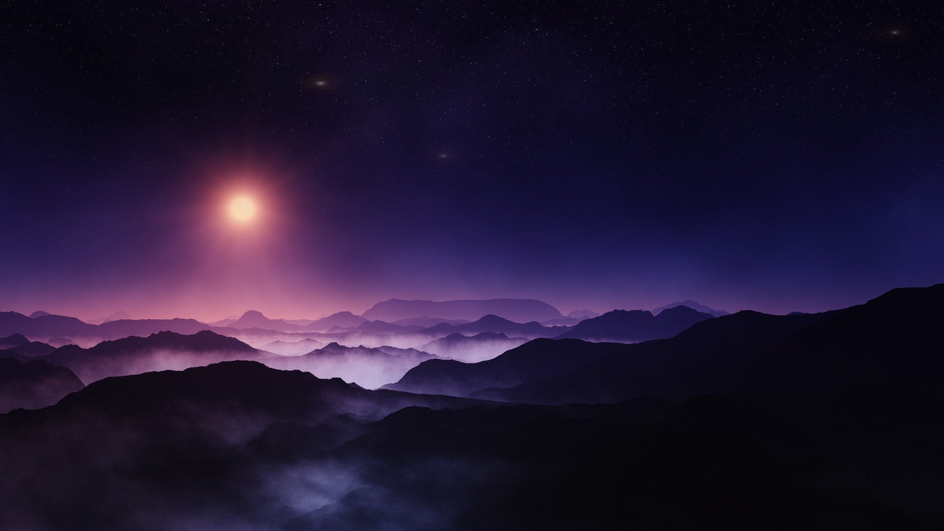 General 1920x1080 nature landscape midnight Sun mountains starry night mist violet