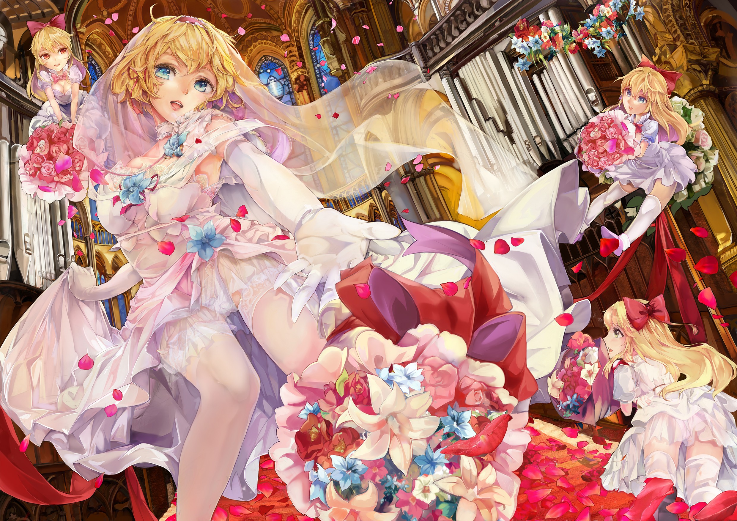 Anime 2480x1753 wedding dress blonde blue eyes short hair anime girls anime fantasy art fantasy girl dress flowers low-angle looking below looking at viewer