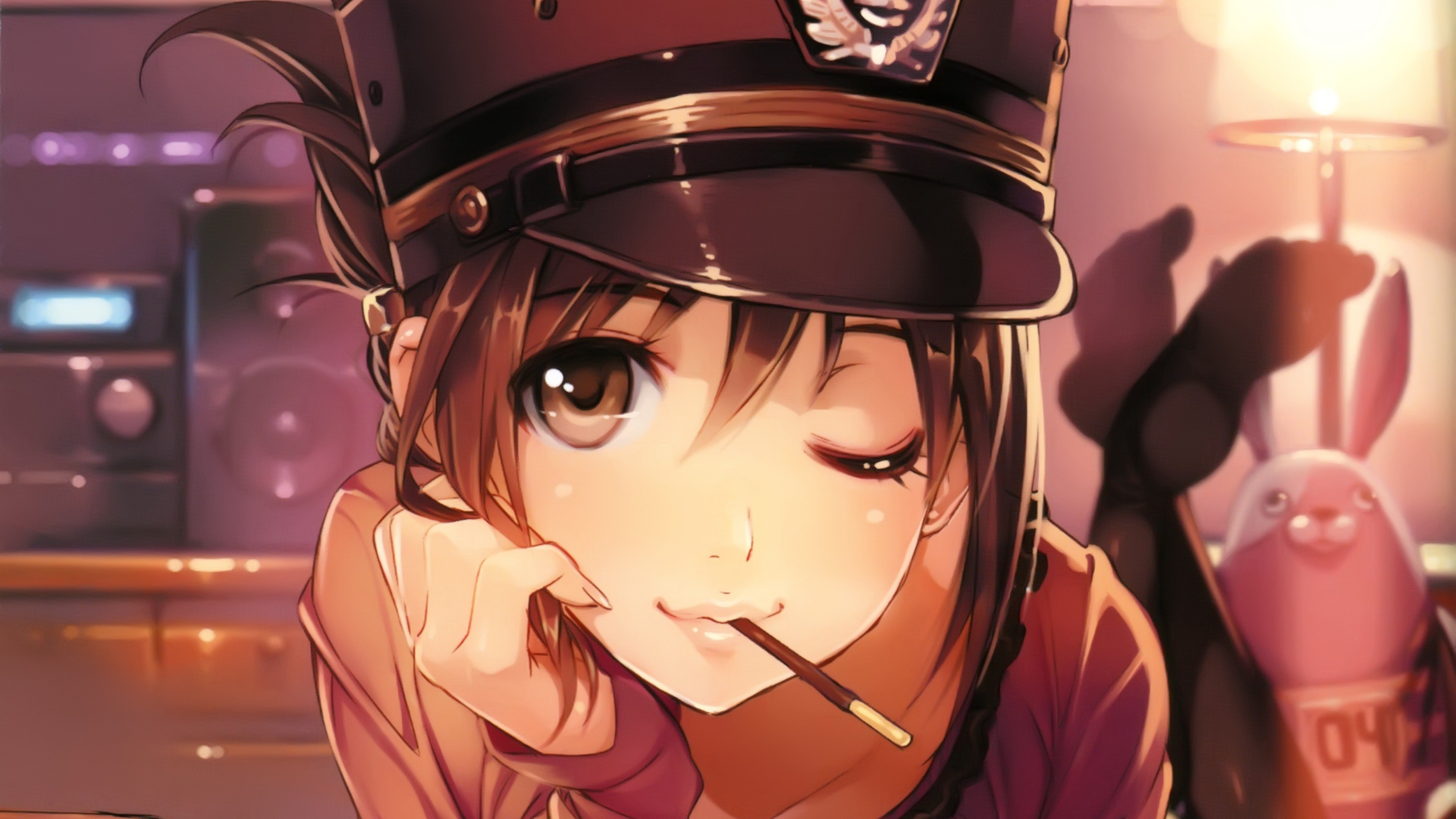 Anime 4238x2383 anime girls anime brown eyes hat Pocky one eye closed brunette vania600 looking at viewer women with hats