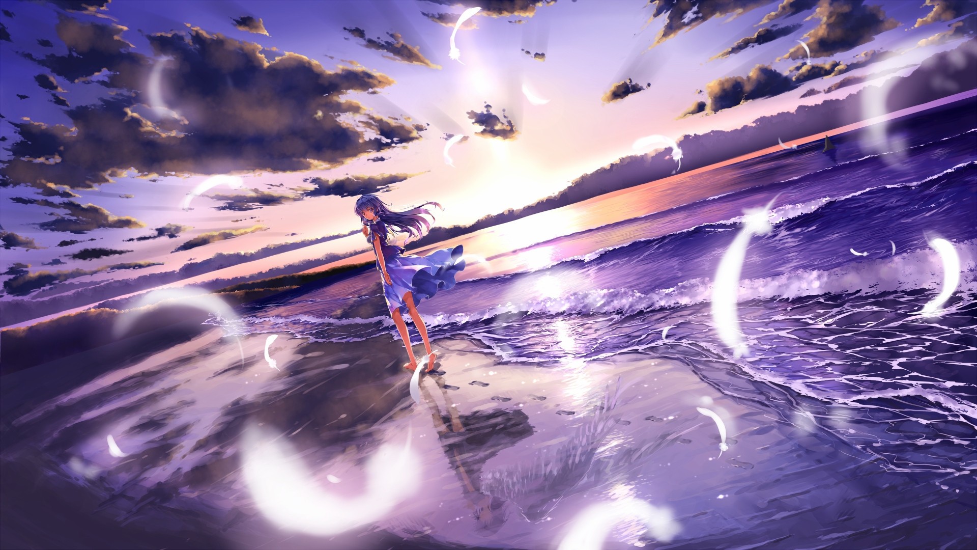 Anime 1920x1080 anime girls original characters beach anime sky sea clouds water women outdoors alone purple hair feathers long hair