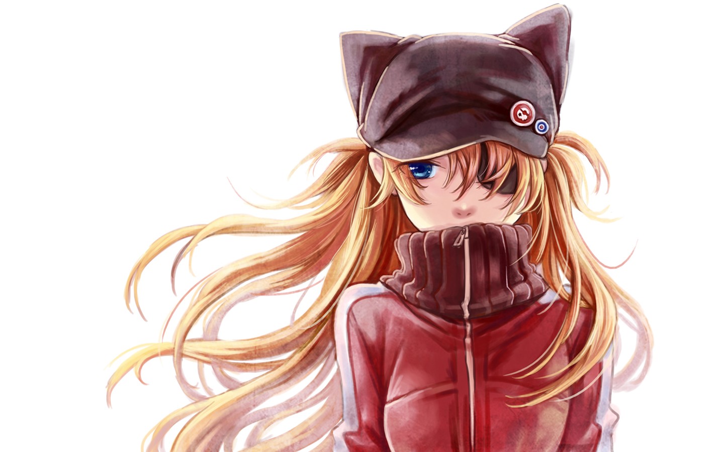Anime 1440x900 anime girls anime Asuka Langley Soryu Neon Genesis Evangelion eyepatches blue hair long hair simple background hat women with hats white background
