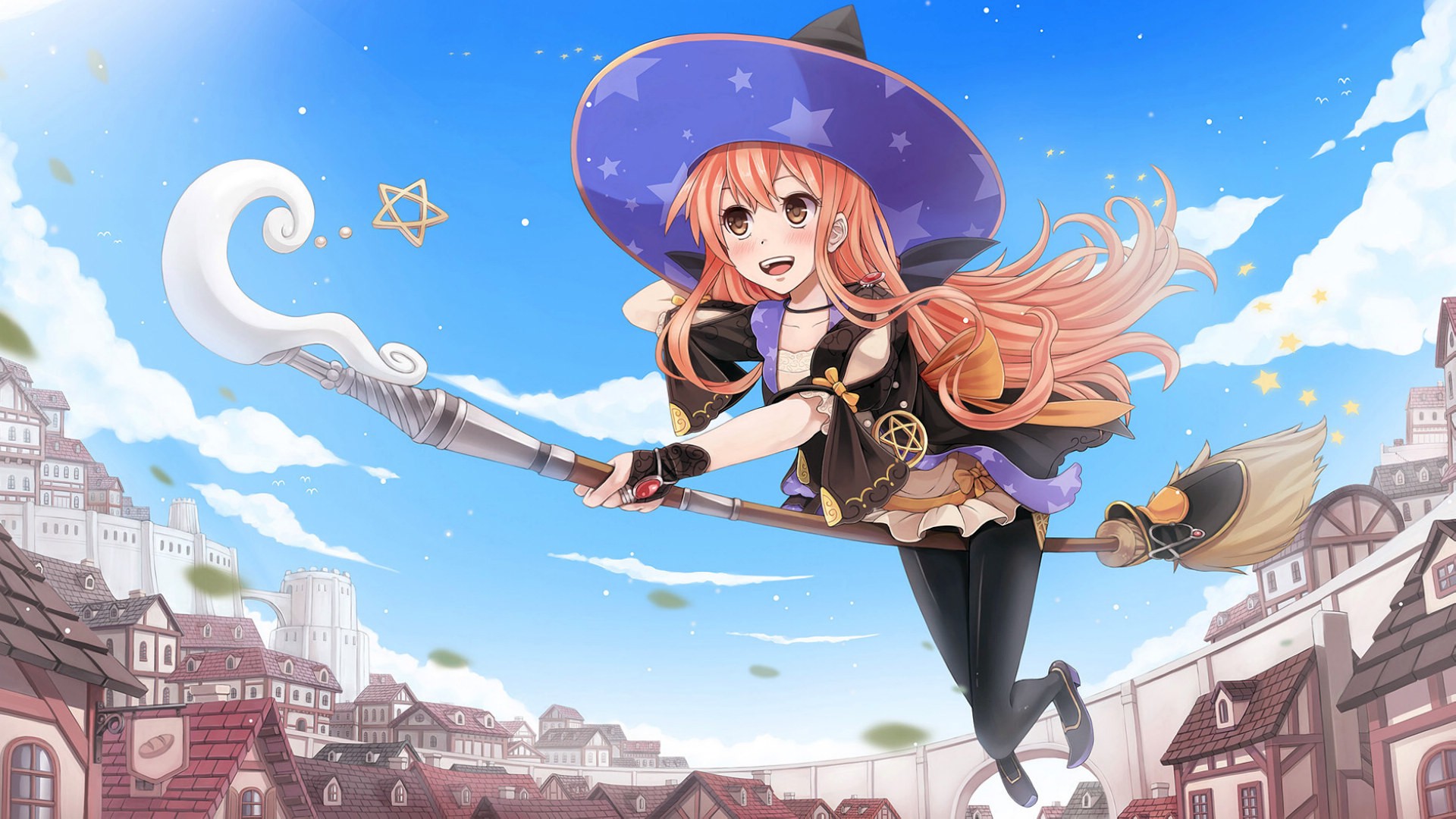 Anime 1920x1080 witch anime girls anime witch hat long hair fantasy art fantasy girl broom flying fantasy city sky brown eyes open mouth redhead