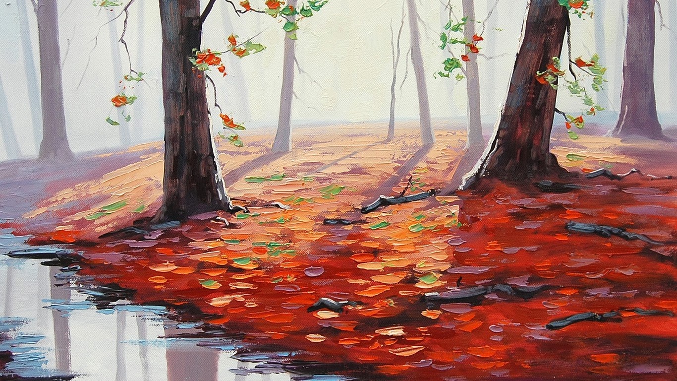 General 1366x768 Graham Gercken painting fall puddle leaves trees artwork plants