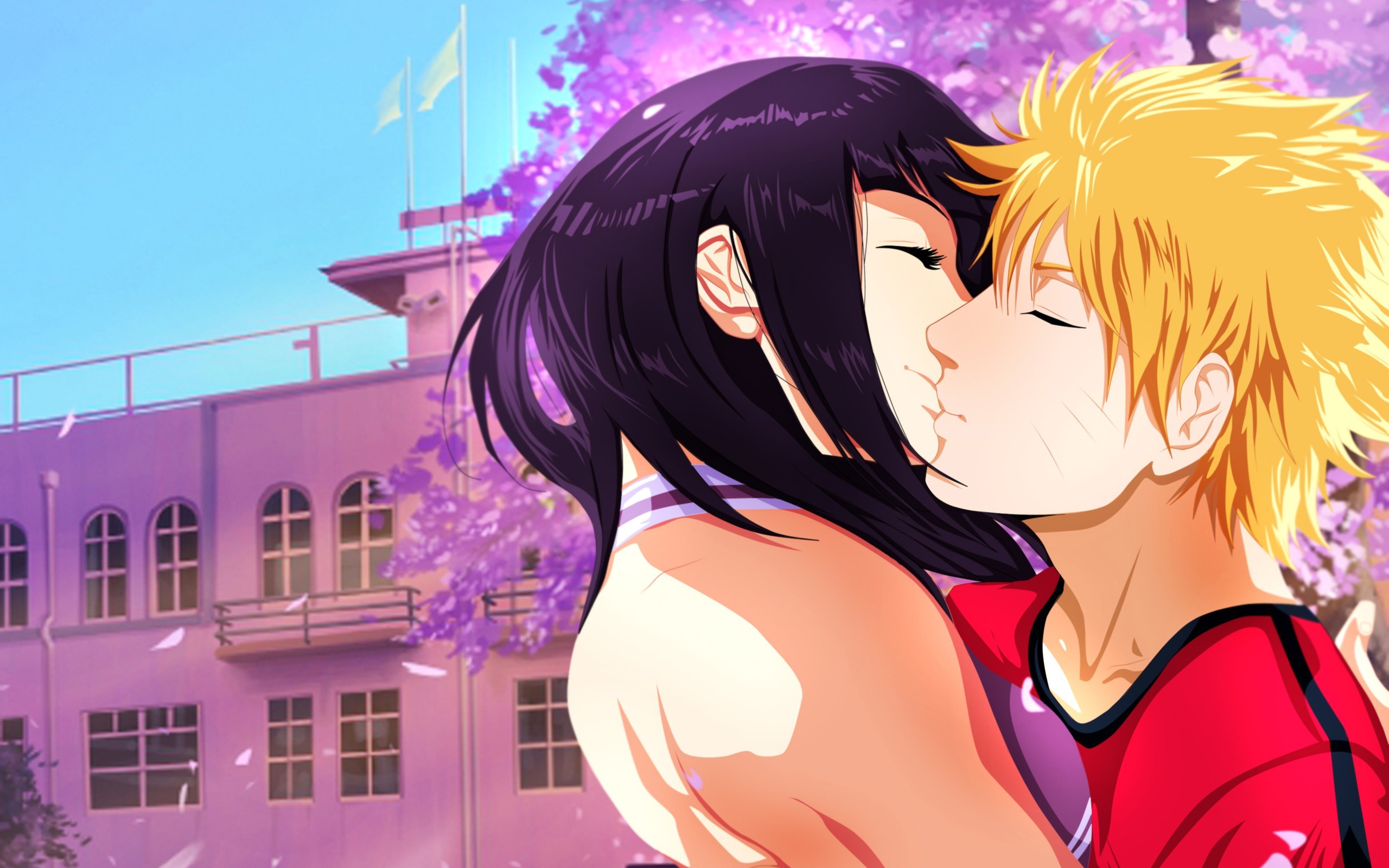 Anime 2560x1600 Naruto Shippuden manga anime Uzumaki Naruto Hyuuga Hinata kissing cherry blossom anime boys anime girls