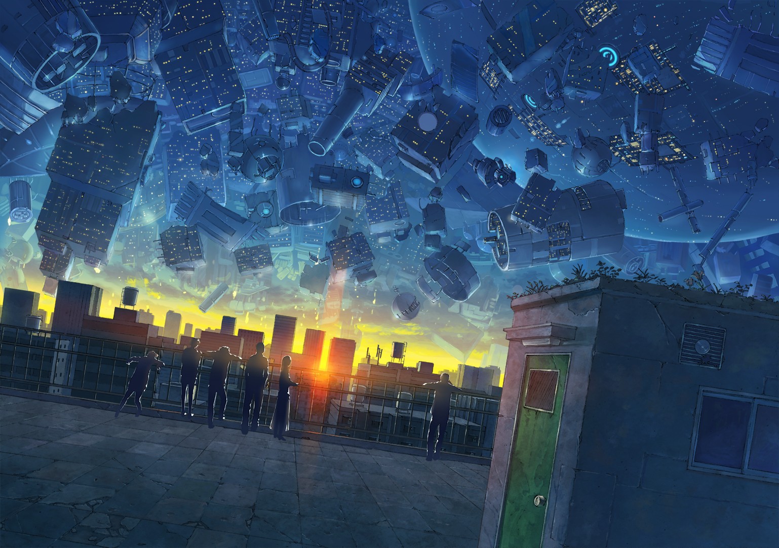 Anime 1538x1082 fantasy art anime cityscape sky sunlight rooftops