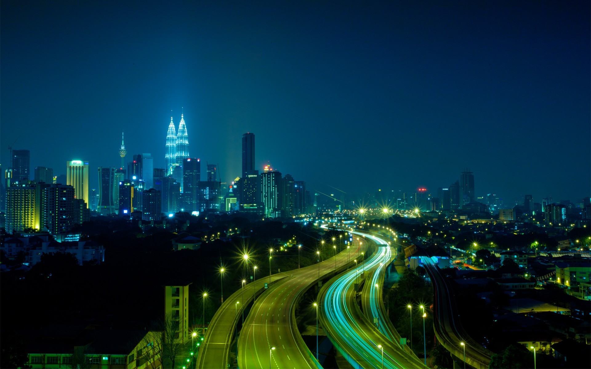 General 1920x1200 photography night lights skyscraper highway Malaysia Kuala Lumpur Petronas Towers cityscape road long exposure Asia city lights