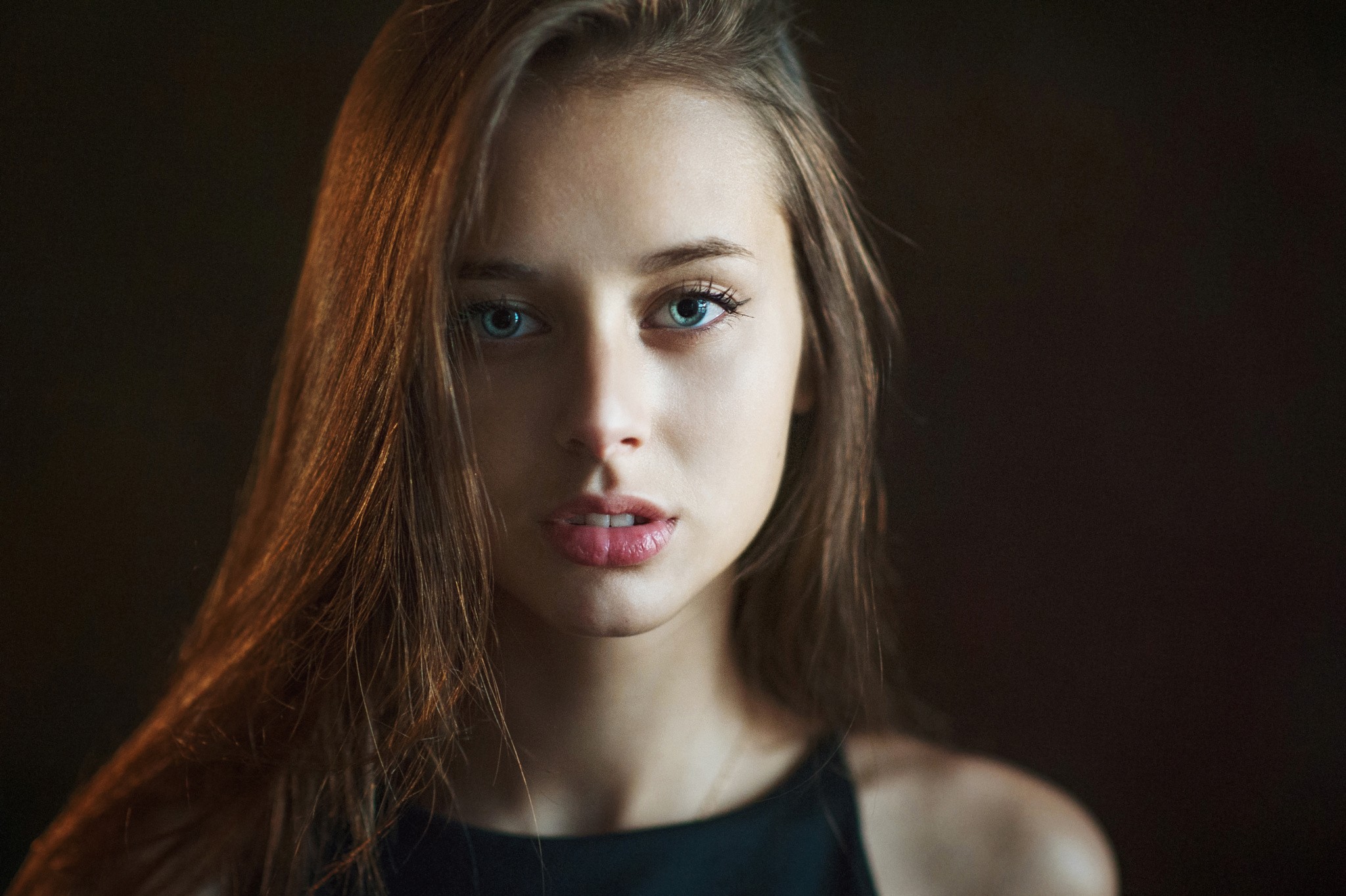 People 2048x1363 women model Olesya Grimaylo face portrait simple background Maxim Maximov blue eyes brunette studio women indoors indoors looking at viewer