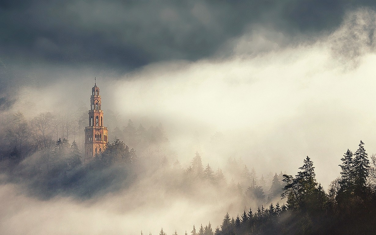 General 1230x768 nature landscape mist morning sunlight forest tower Italy