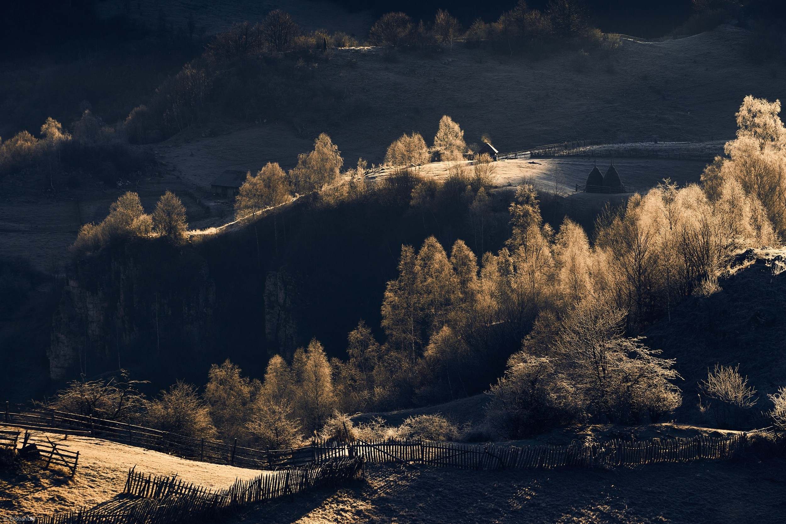 General 2500x1667 nature landscape trees fence shrubs field sunlight Romania hills