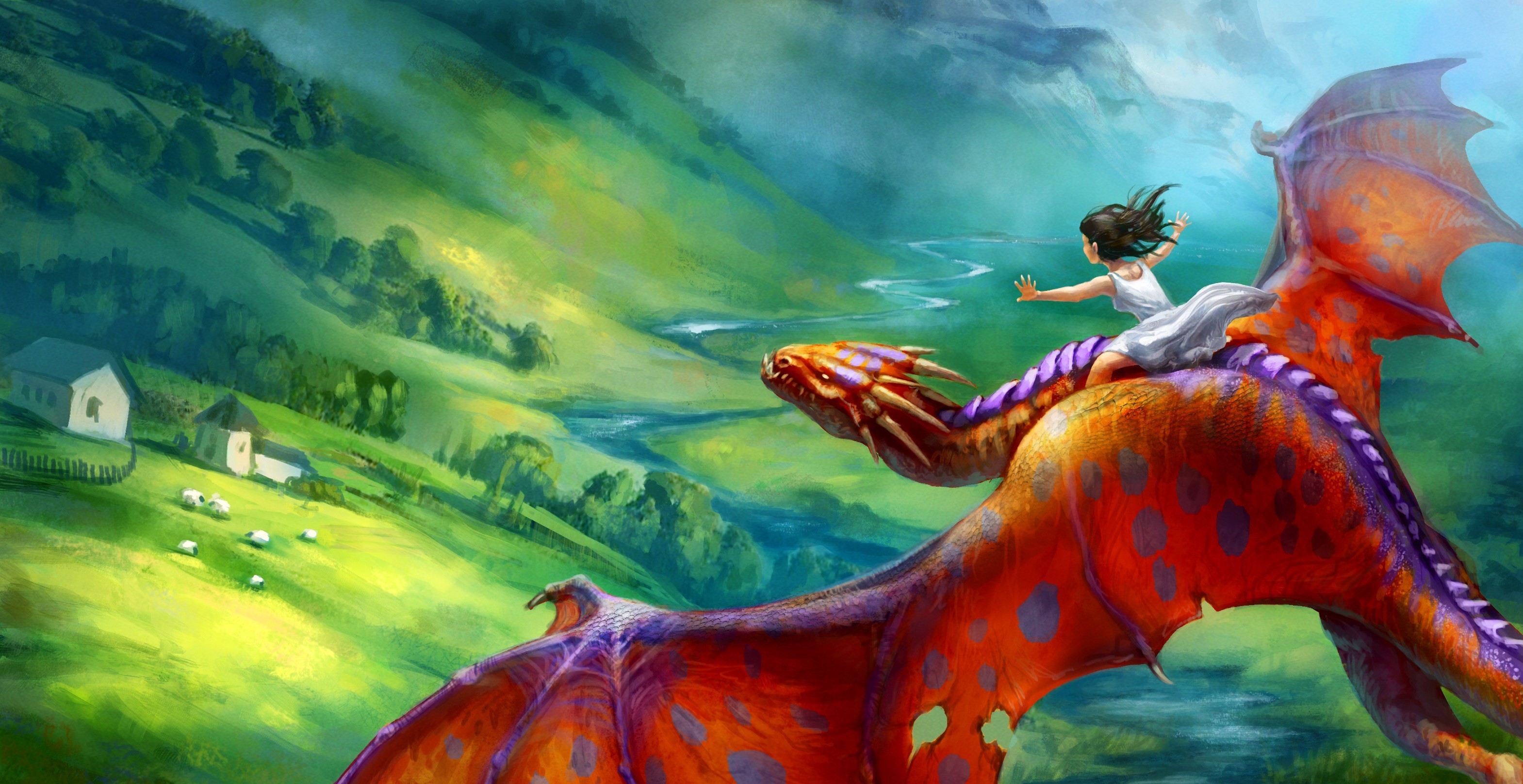 General 3139x1617 fantasy art dragon artwork creature fantasy girl landscape