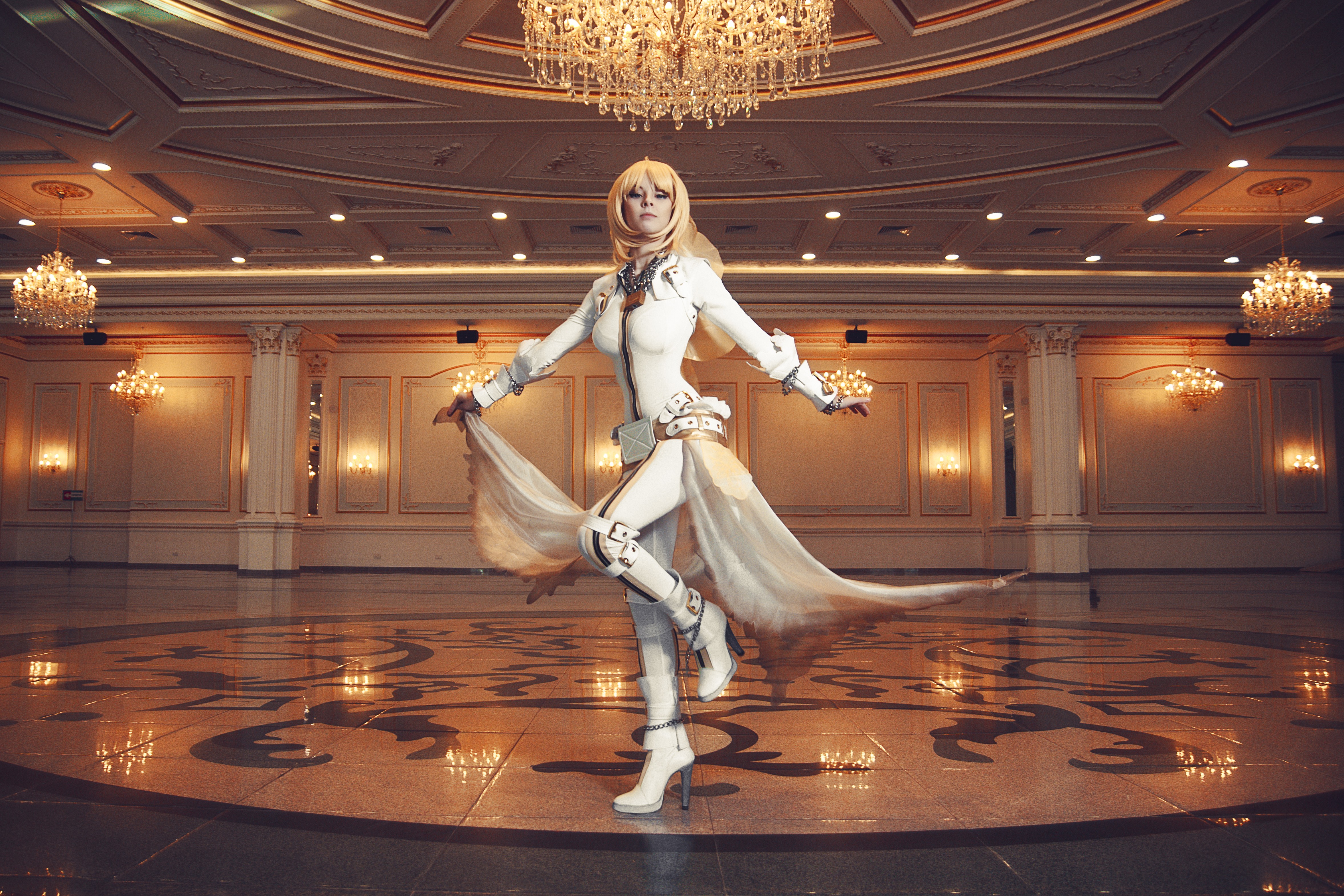 People 4713x3142 suits boots cosplay Saber Bride long hair blonde blue eyes leather boots leather clothing ballroom Helly von Valentine DeviantArt women indoors indoors model standing heels women