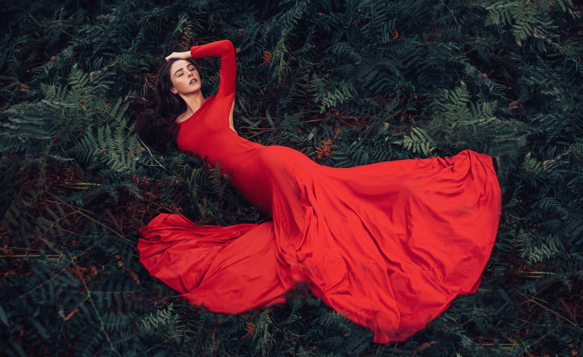 People 1920x1175 dress women women outdoors model red dress red clothing nature plants closed eyes brunette long hair