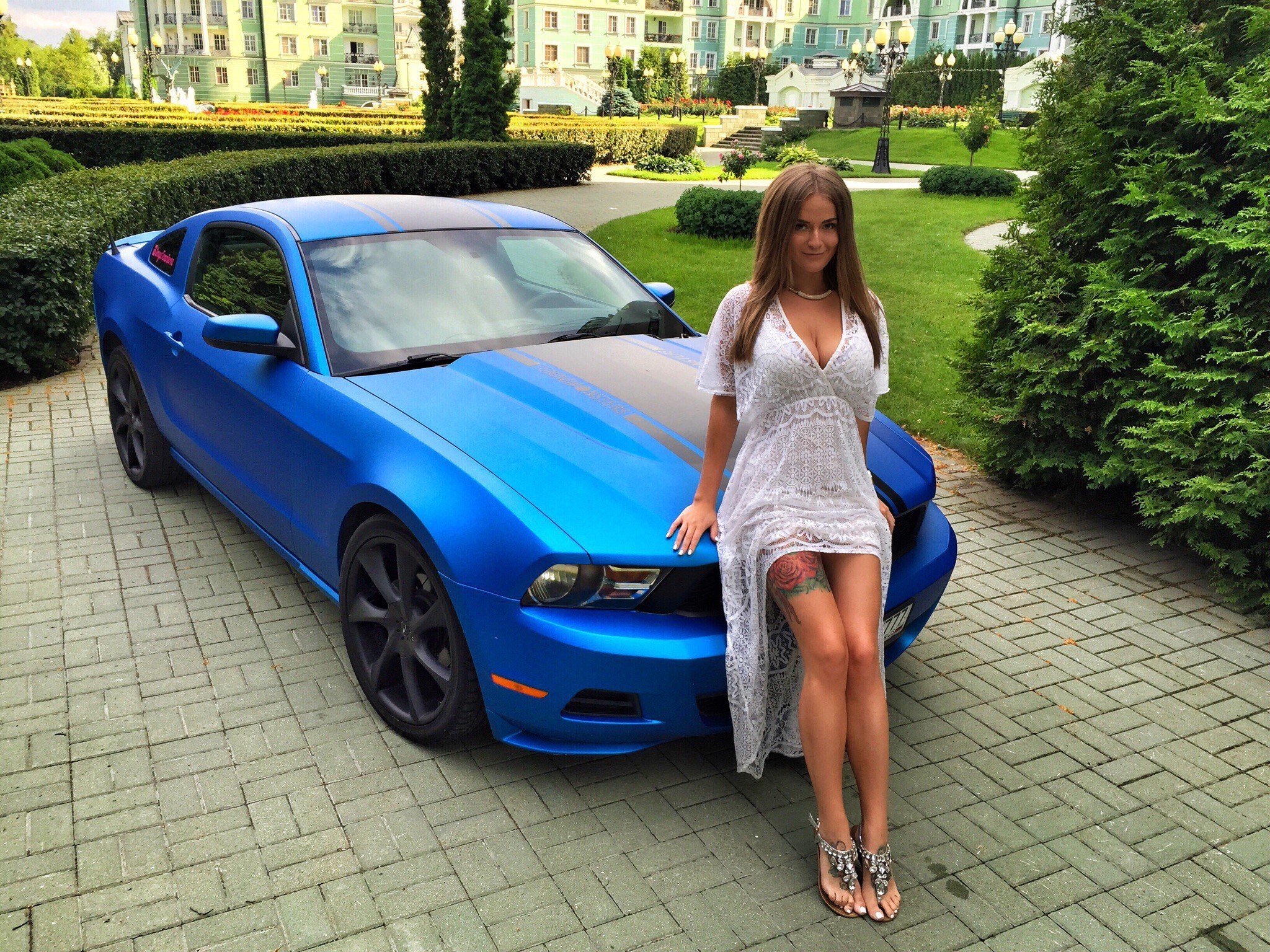 People 2048x1536 blue Ford Mustang Shelby muscle cars women big boobs legs tattoo women with cars white dress racing stripes Ford Mustang S-197 II Ford car vehicle blue cars inked girls park women outdoors American cars