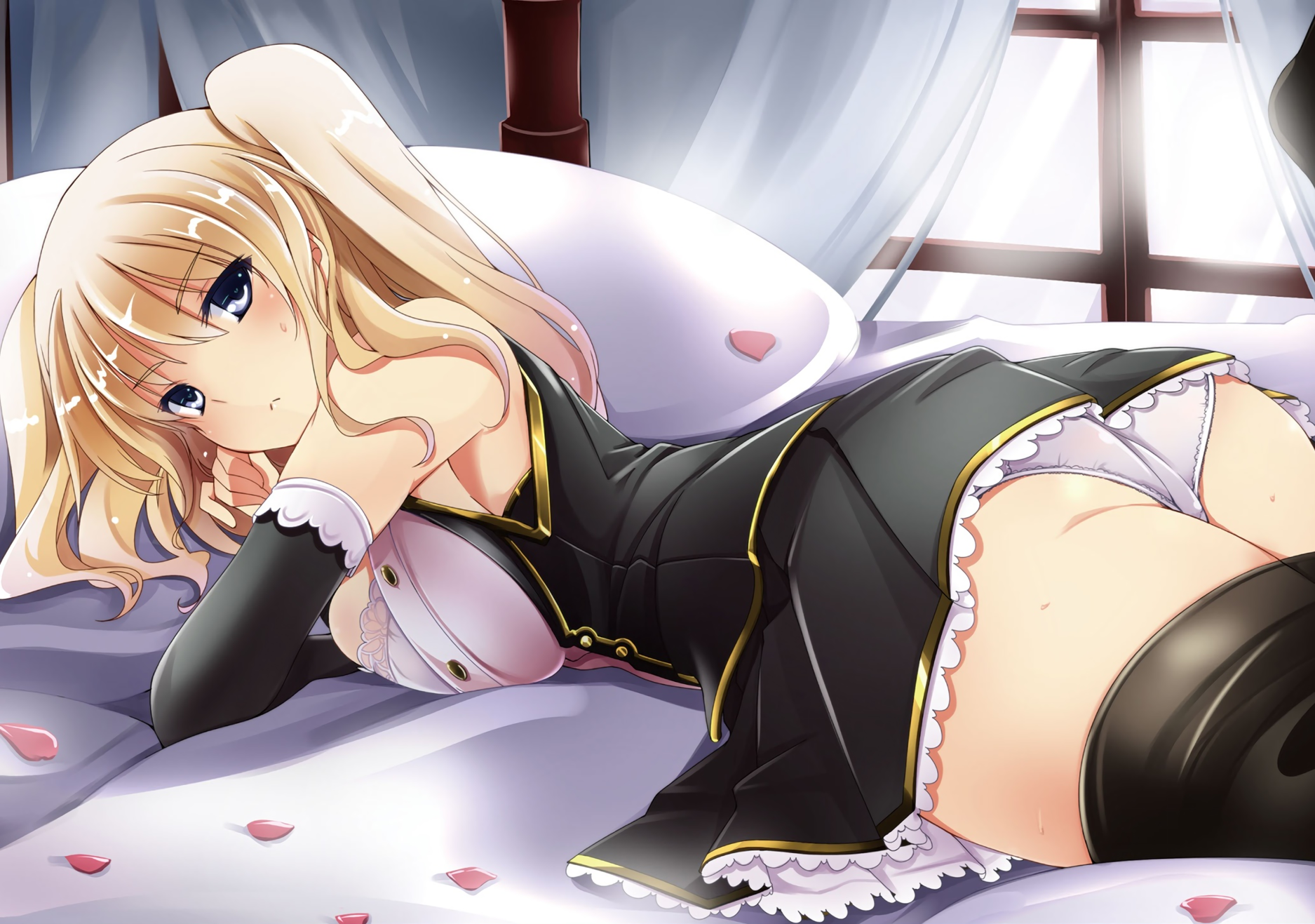 Anime 1875x1317 anime anime girls blonde panties Sky World (novel) lying on front underbutt bra in bed Mutou Kurihito ass bed looking at viewer bright