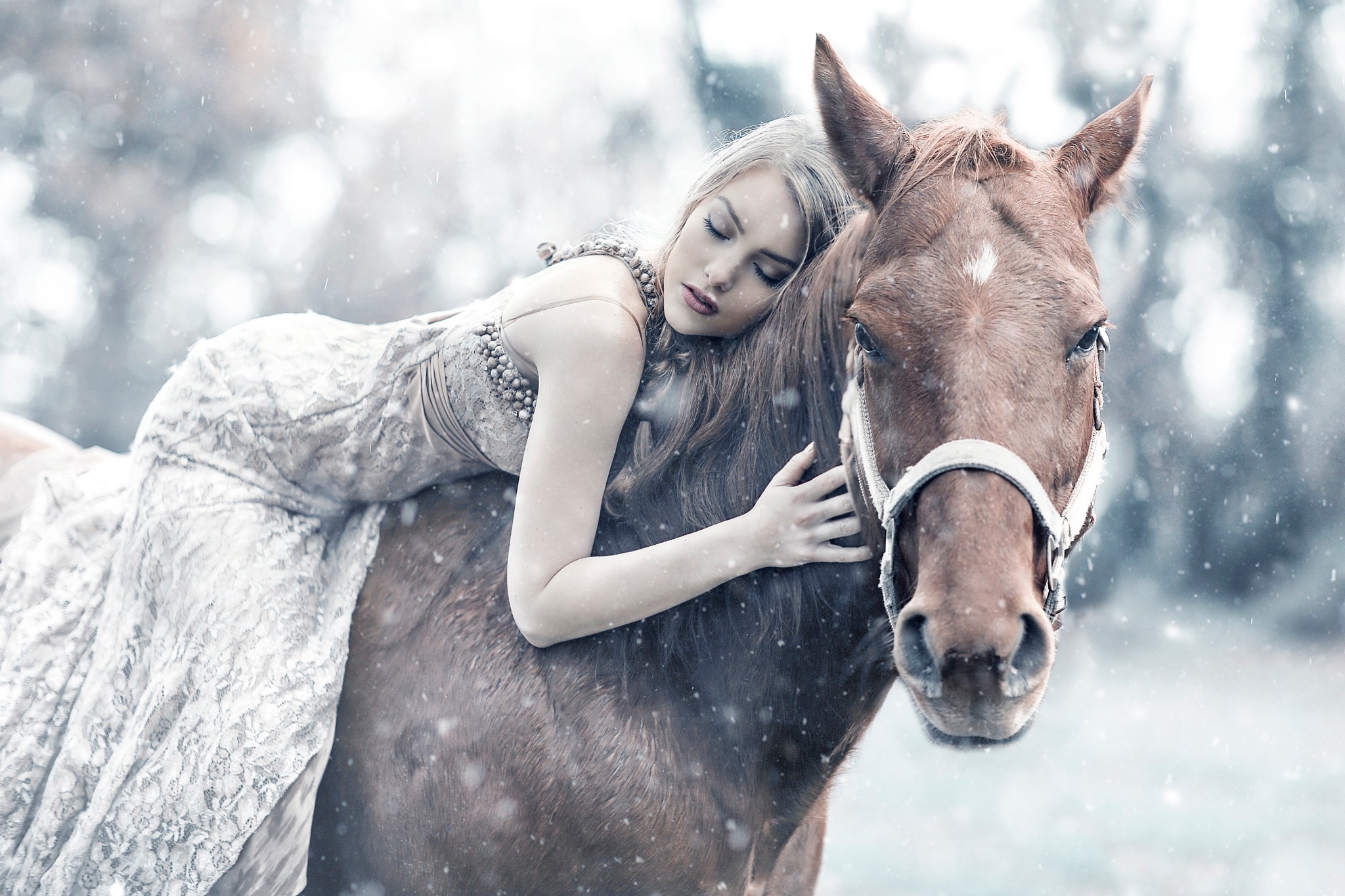People 2048x1365 horse women model animals women with horse women outdoors outdoors mammals dress closed eyes cold