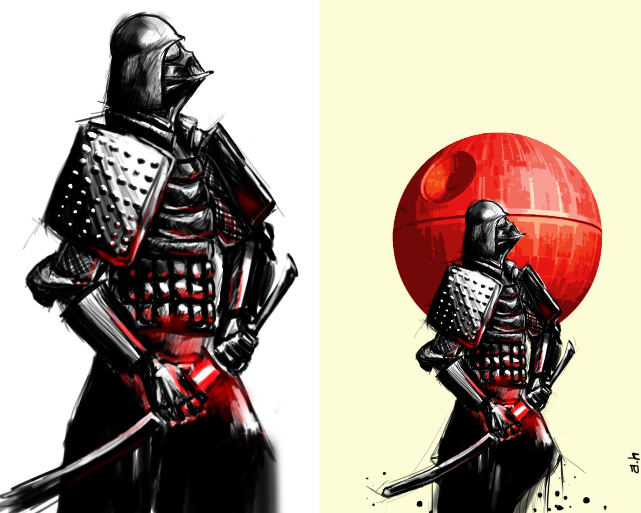 General 1280x1024 Star Wars samurai Darth Vader Death Star sword artwork collage fan art science fiction Sith Star Wars Villains white background armor simple background