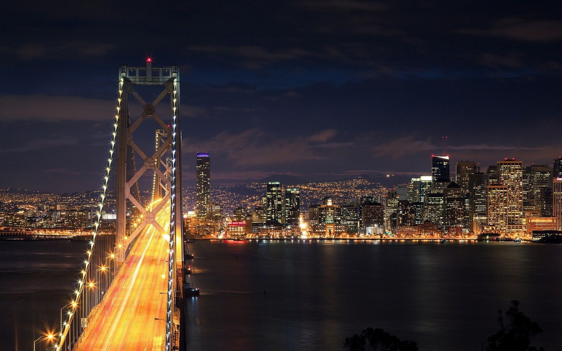 General 1920x1200 bridge San Francisco Oakland Bay Bridge light trails city city lights cityscape suspension bridge USA