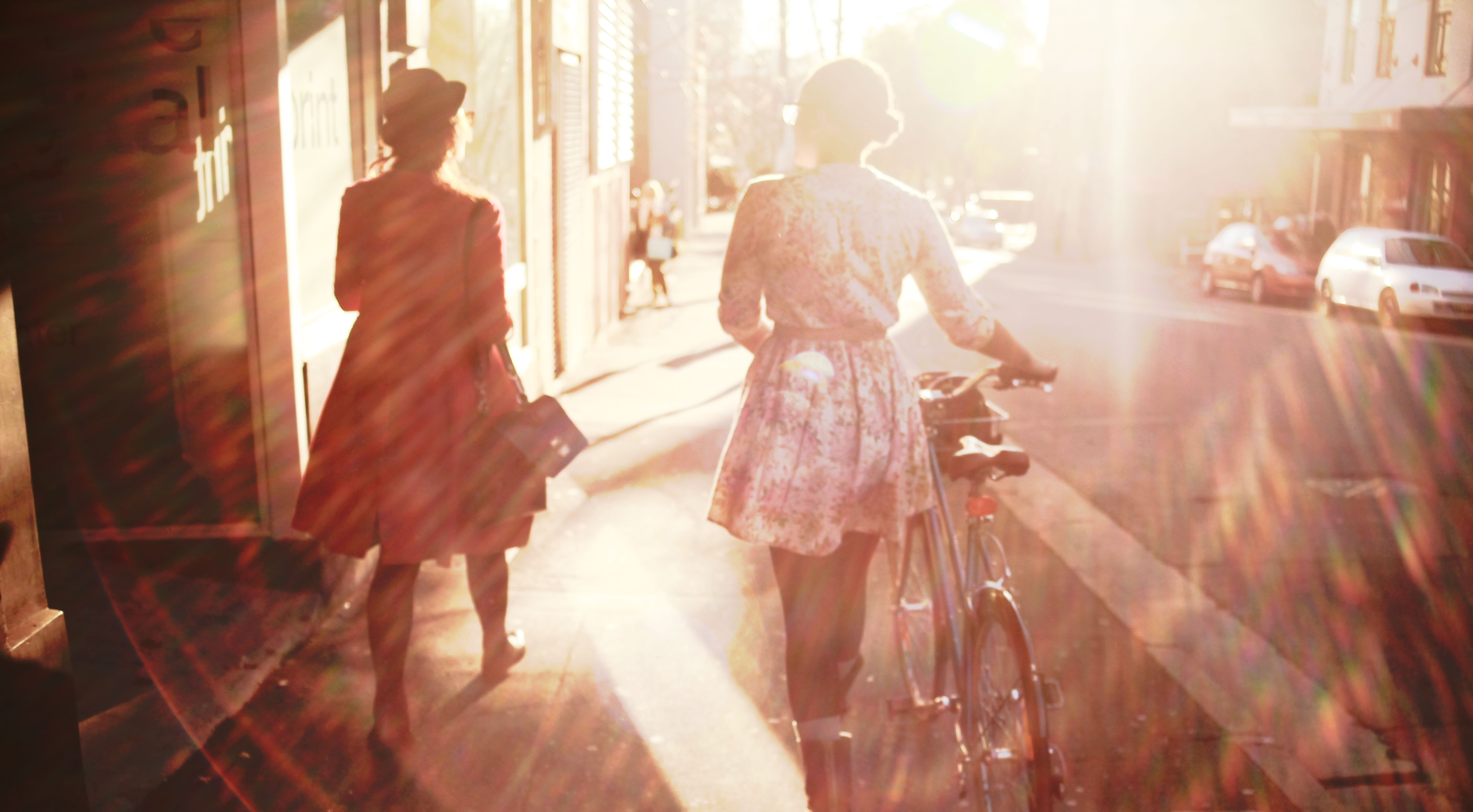 People 5616x3098 Sun urban bicycle women city two women women with bicycles women outdoors street sunlight