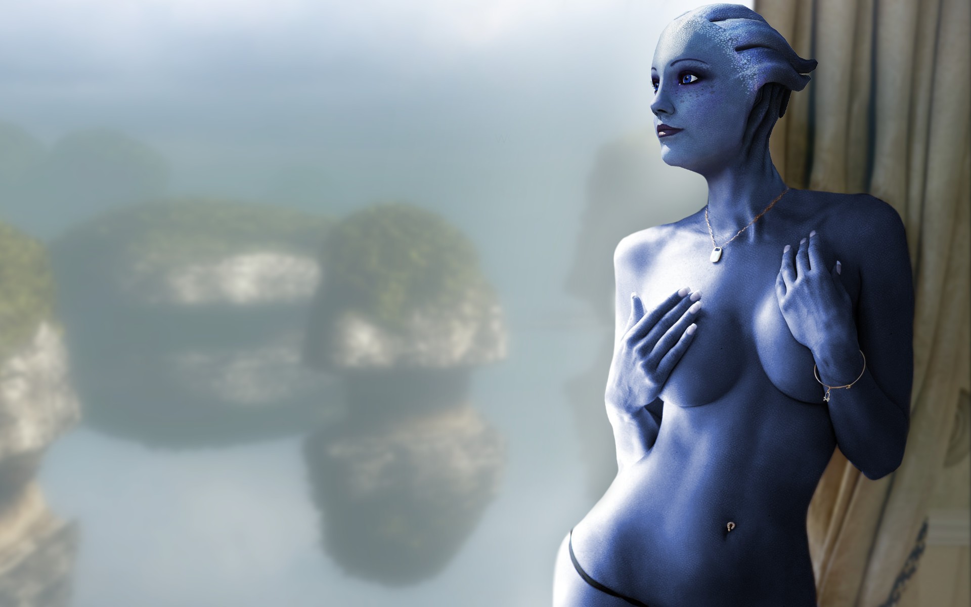 General 1920x1200 Liara T'Soni topless Mass Effect Asari video game characters video game girls science fiction science fiction women boobs hands on boobs video games PC gaming fan art digital art necklace blue skin