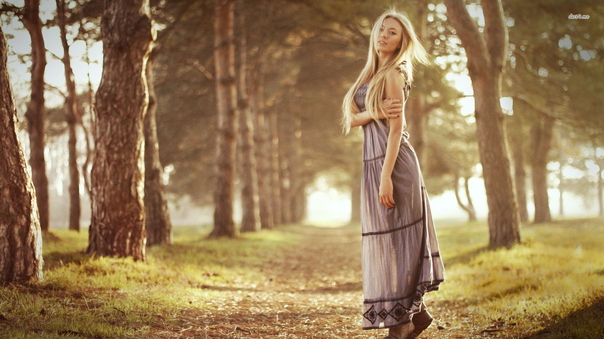 People 1920x1080 women model blonde trees path dress outdoors women outdoors standing long hair looking at viewer