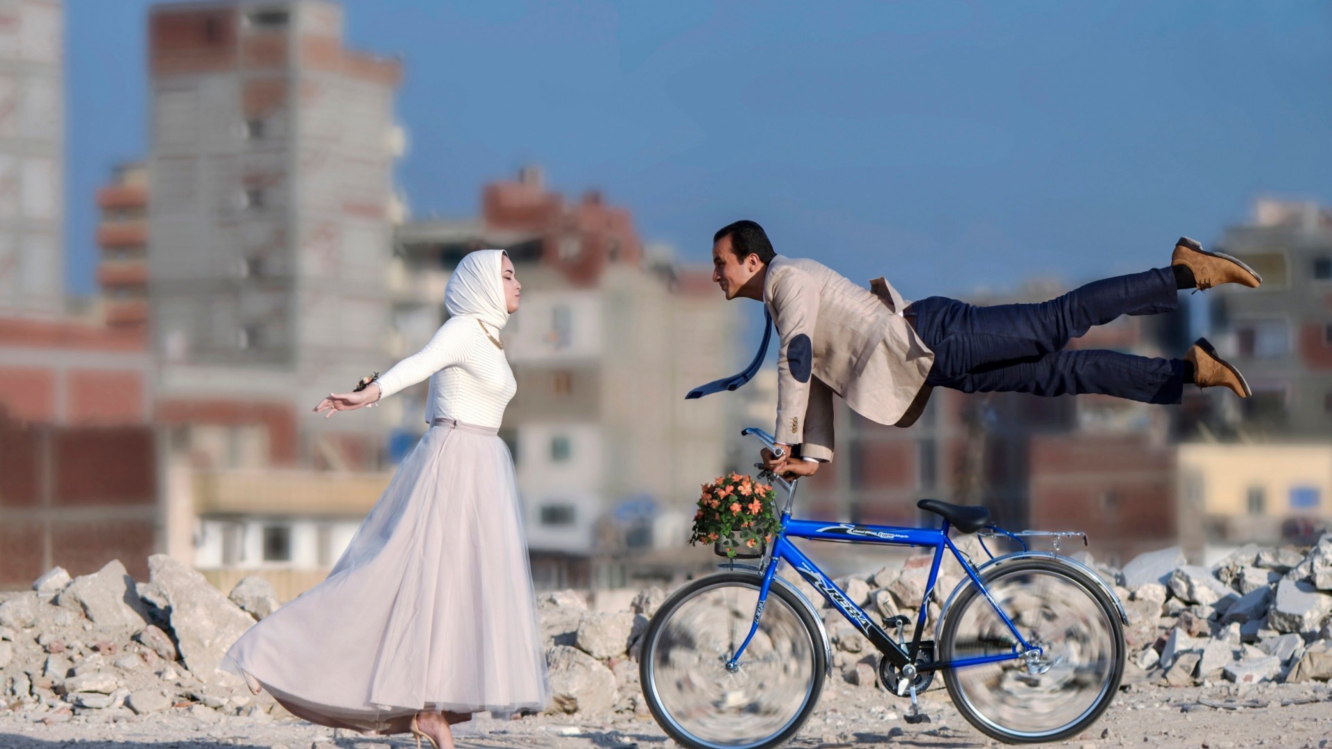 People 1920x1080 couple lovers Arabian men women outdoors depth of field bicycle love vehicle dress white dress tie standing closed eyes