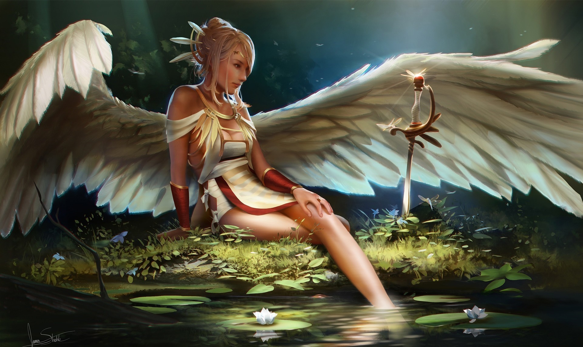 General 1920x1143 fantasy art angel fantasy girl wings artwork women blonde legs flowers plants sword weapon women with swords boobs cleavage