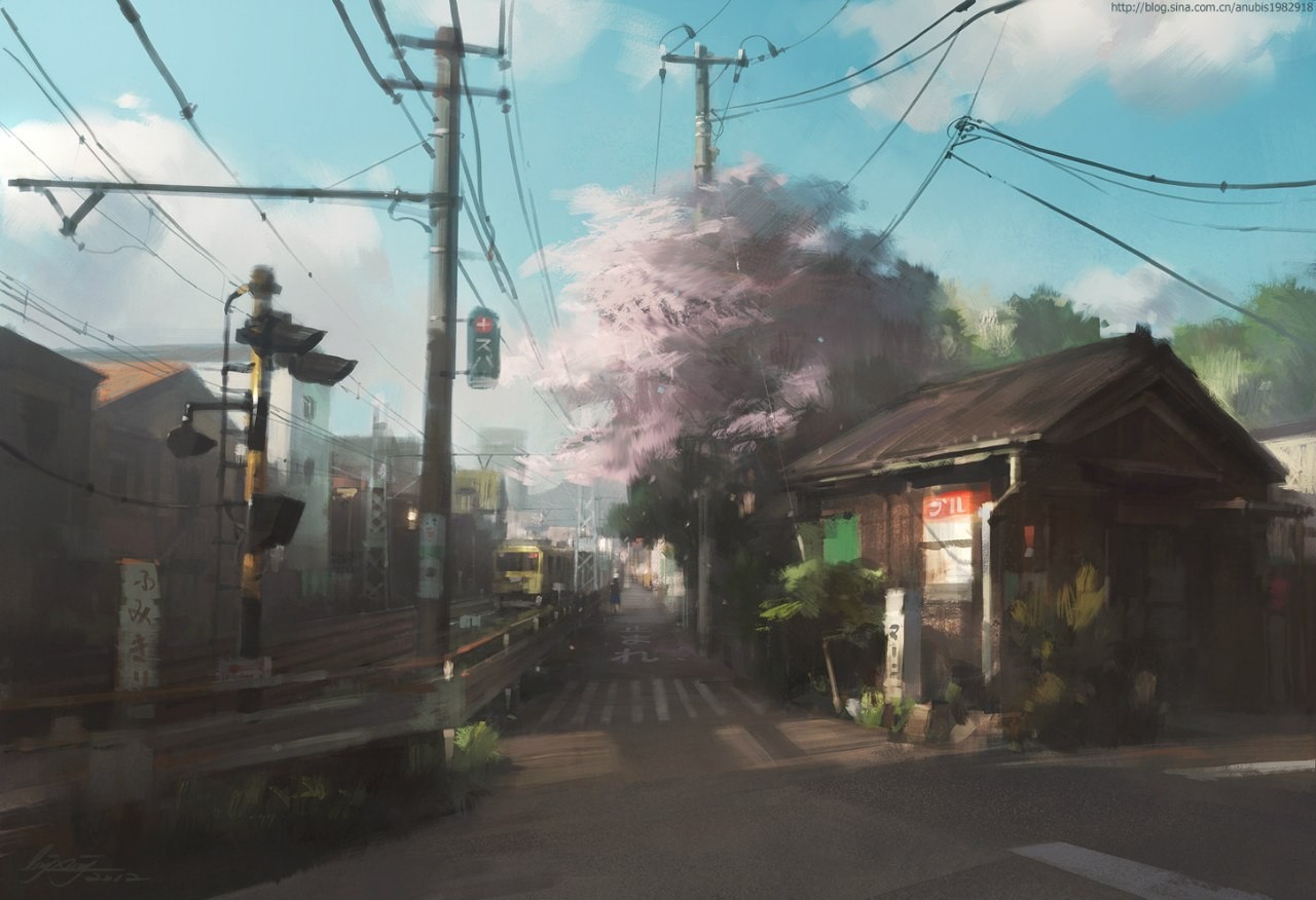 Anime 1280x876 manga anime city power lines street urban