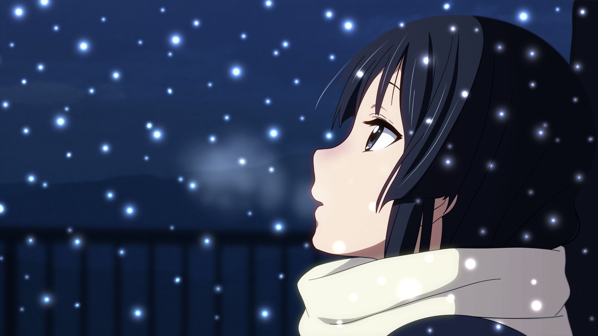 Anime 1920x1080 anime winter K-ON! Akiyama Mio face anime girls dark hair snowflakes cold outdoors