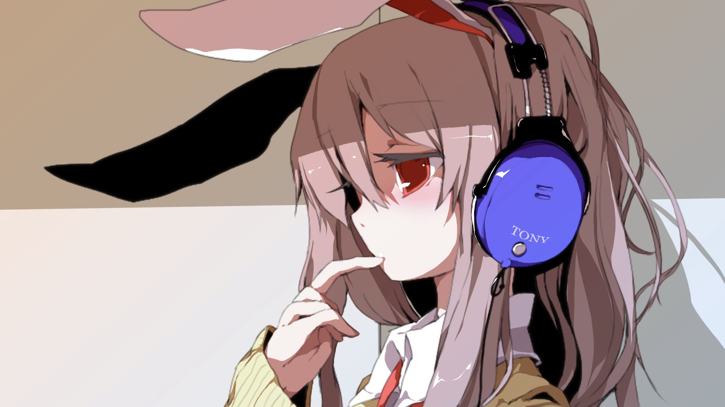 Anime 2340x1316 anime girls headphones Touhou anime red eyes face bunny ears simple background Reisen Udongein Inaba
