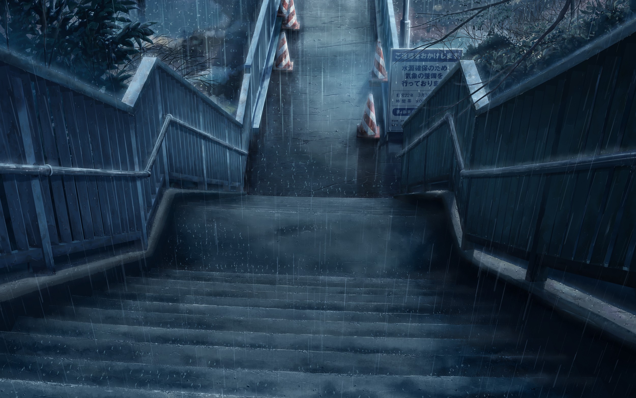 Anime 2500x1564 anime stairs rain night Japan urban outdoors sign