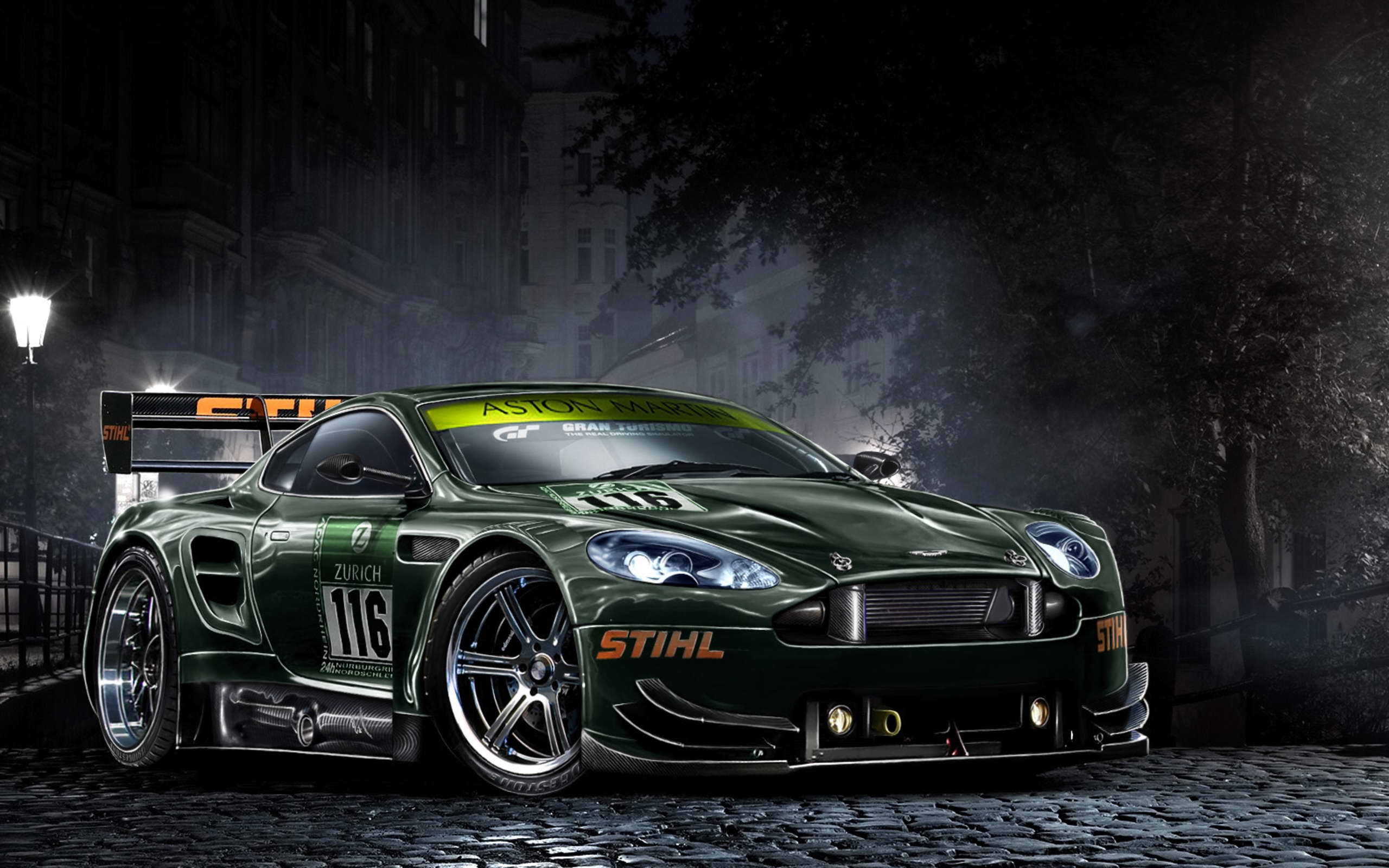 General 2560x1600 digital art night car street cobblestone race cars vehicle green cars Aston Martin